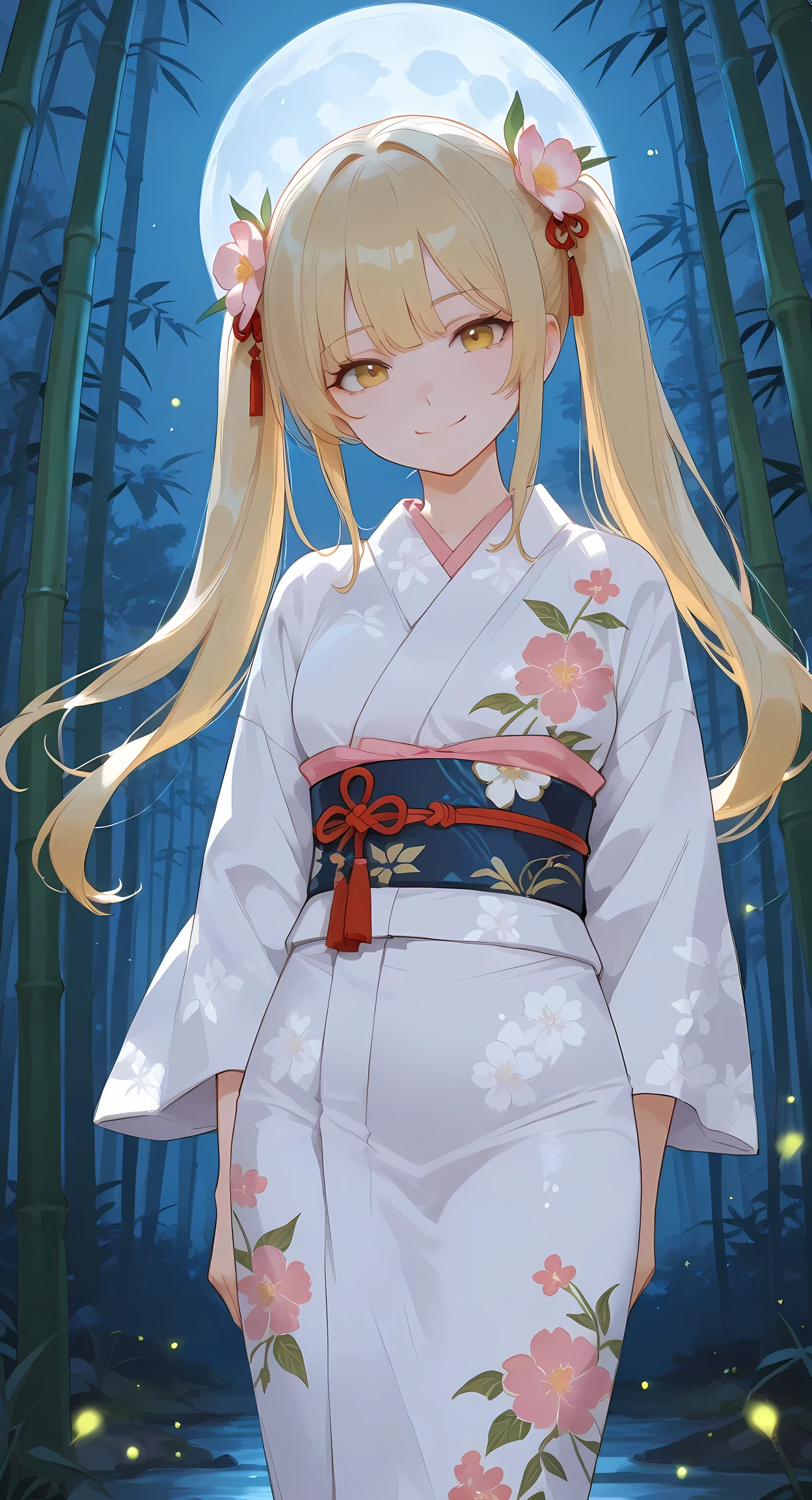 masterpiece, best quality, 1girl, solo, looking at viewer, dfKirara, twintails, blonde hair, hair ornament, yukata, kimono, print kimono, japanese clothes, hair flower, outdoors, (bamboo forest), full moon, night, wind, arms behind back, obi, fireflies, leaning forward, closed mouth, smile