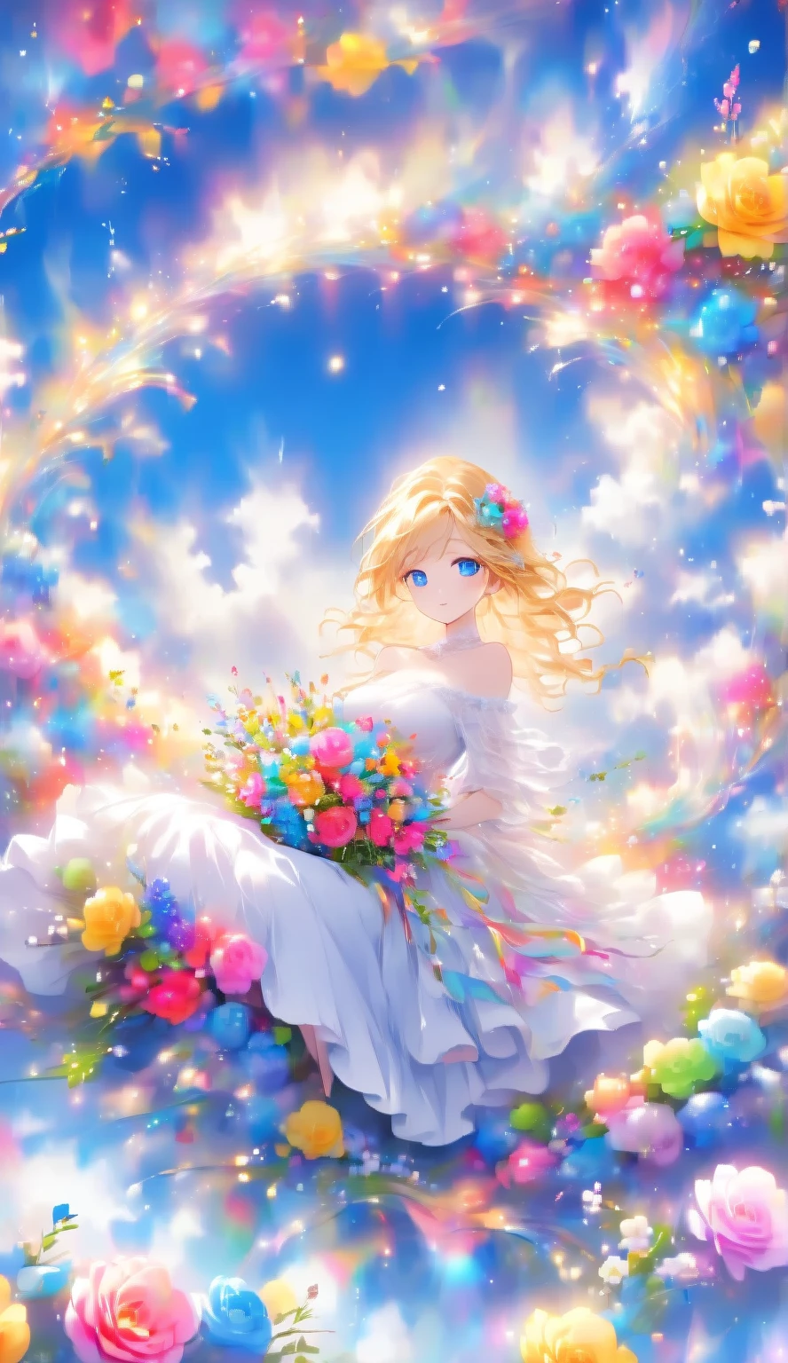 Score 9 Up,Score 8 Up,Score 7 Up,(Best Quality),((Masterpiece)),Anime, "A pretty girl, dressed in gorgeous clothing, is sitting in a vast flower field. She is holding a colorful bouquet, and in the background is a blue sky with floating white clouds." Blue Eyes I'm in a Flower Field. (Best Quality),(Perfect Makeup),(((Shiny Skin))) An anime-style figure is depicted with a long, detailed beautiful face and eyes,(Blue Eyes )(Looking at the viewer)(Large Breasts) Flowing Blonde Hair. The figure is wearing an off-the-shoulder dress with intricate lace and floral patterns. The overall scene has a dreamy atmosphere of a fantastical moment. In the background is a blue sky with floating white clouds. The sky has rainbow-colored snowflakes and light particles floating in the air、raw photo:1.2, masterpiece, highest quality, 16k, unbelievably absurd, very detailed, perfect beauty, beautiful  girl bride with holding roseis bouquet: 1.2,vibrant colors illustration, speech bubble (meow❤hearts)detailed beautiful face and eyes，(Big breasts)(blue eyes )(looking at viewer)