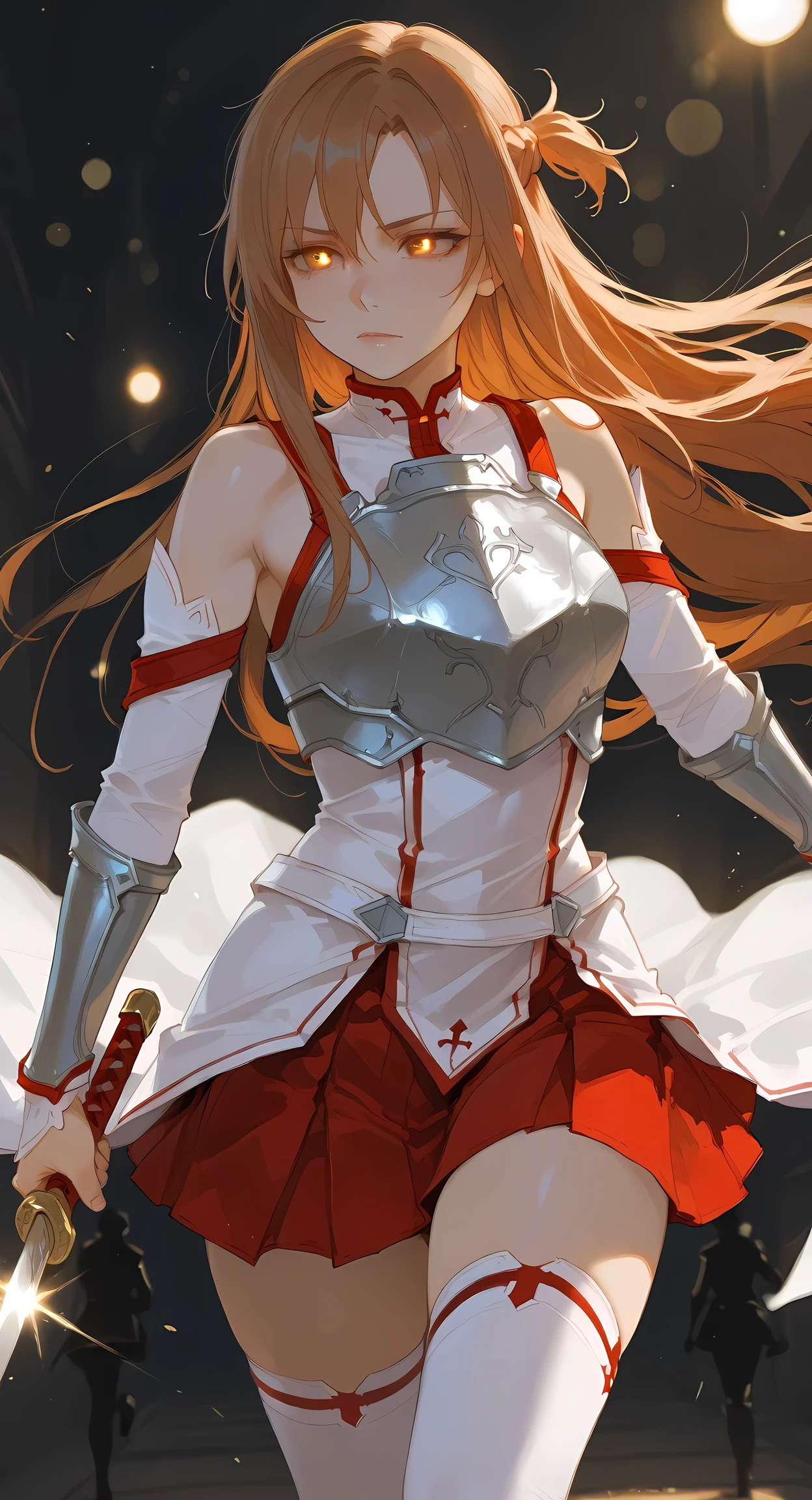 ,masterpiece,best quality,,artist:quasarcake,,straight on 
solo, solo focus, sword, holding weapon, katana,
, volumetric lighting, action,dynamic pose,dynamic angle,
detailed eyes,perfecteyes, eyeliner:0.5],long eyelash,beautiful eyes
photo-realistic,
long hair,asuna \(sao\), 1girl, asuna (sao), asuna yuuki, long hair, brown hair, brown eyes, very long hair, medium breasts,, skirt, thighhighs, bare shoulders, detached sleeves, armor, white thighhighs, breastplate, red skirt,, 
seductive pose,Rim Lighting,
light and shadow,ray trace,strong backlit,bokeh,running,floating hair,floating clothes,light particles, 
newtype flash, dark theme, dim lighting, asuna yuuki,  glowing eye trail