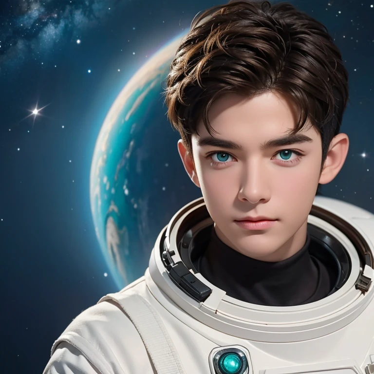  boy, from another planet  , the boy has beautiful eyes  ! very short brown hair,  emerald eyes , on a starry background - the Milky Way galaxy, Flashes, lightning , quasar, A huge Saturn  ! У него в руках изумрудный кристалл из которого вылетают lightning, portrait photo in an astronaut's spacesuit,  top quality  !