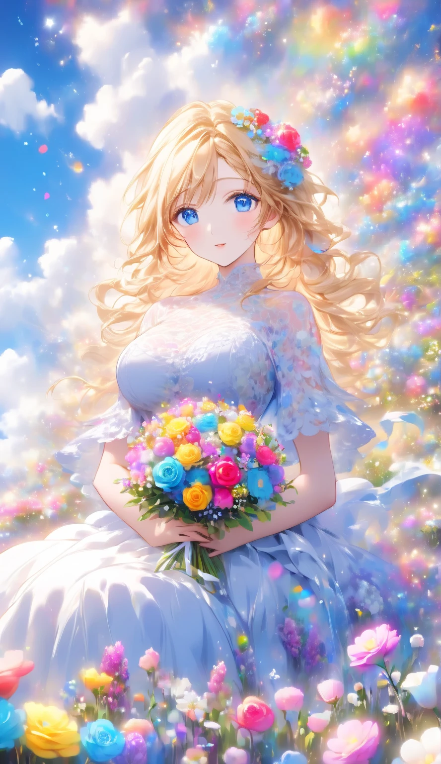 Score 9 Up,Score 8 Up,Score 7 Up,(Best Quality),((Masterpiece)),Anime, "A pretty girl, dressed in gorgeous clothing, is sitting in a vast flower field. She is holding a colorful bouquet, and in the background is a blue sky with floating white clouds." Blue Eyes I'm in a Flower Field. (Best Quality),(Perfect Makeup),(((Shiny Skin))) An anime-style figure is depicted with a long, detailed beautiful face and eyes,(Blue Eyes )(Looking at the viewer)(Large Breasts) Flowing Blonde Hair. The figure is wearing an off-the-shoulder dress with intricate lace and floral patterns. The overall scene has a dreamy atmosphere of a fantastical moment. In the background is a blue sky with floating white clouds. The sky has rainbow-colored snowflakes and light particles floating in the air、raw photo:1.2, masterpiece, highest quality, 16k, unbelievably absurd, very detailed, perfect beauty, beautiful  girl bride with holding roseis bouquet: 1.2,vibrant colors illustration, speech bubble (meow❤hearts)detailed beautiful face and eyes，(Big breasts)(blue eyes )(looking at viewer)