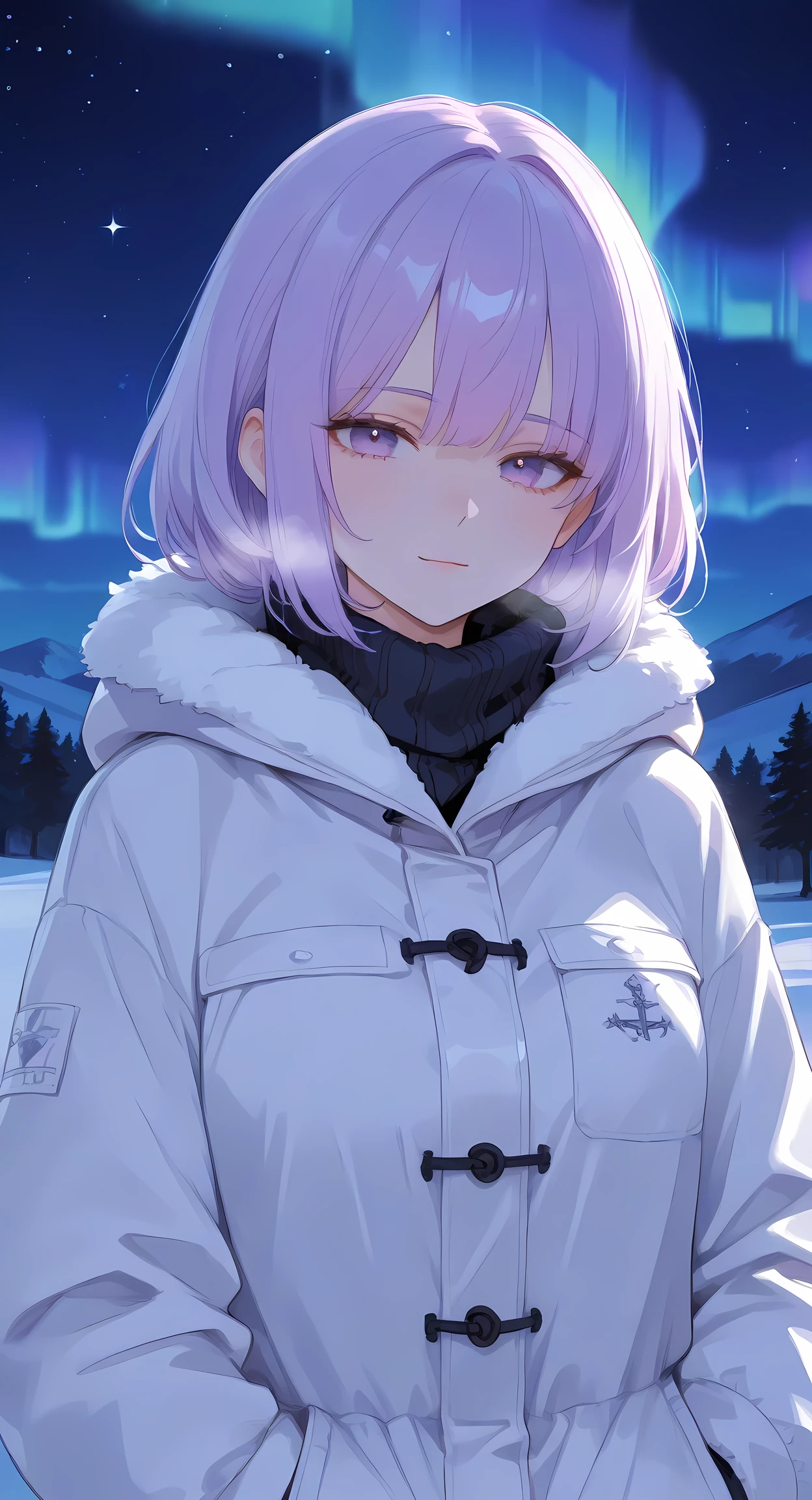 aurora borealis, aurora, starry sky, night,1girl,upper body,winter clothes,
