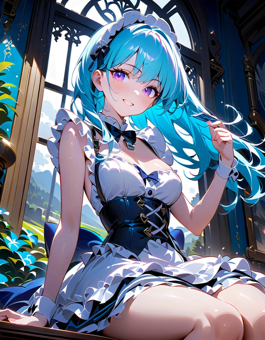 ((8k, Best Quality, Masterpiece: 1.3)), Ultra High Resolution, (15歳の1人の女の子, One Person), (Color Changing Eyes, Super Detailed, Expressive Sparkle, Sparkling, Glowing Eyes), Highly Detailed Eyes,In a softly lit, cozy bedroom, a young maid with sky-blue hair is striking a seductive pose. Her semi-long hair features a gradient that transitions from a deep blue at the roots to a very light, almost pastel blue at the tips, cascading in gentle waves that frame her face. Her outfit is a navy blue maid dress adorned with intricate frills along the collar and hem. The dress is designed to accentuate her cleavage, adding a touch of sensuality to her appearance. She is positioned in a way that highlights the curves of her outfit, with one hand resting lightly on her hip and the other elegantly holding a feather duster. The room's décor is modern yet elegant, featuring soft, ambient lighting that enhances the room's warmth and charm. The walls are adorned with subtle, stylish patterns, and the room includes tasteful furniture such as a neatly made bed with decorative pillows and a small nightstand with a lamp. The overall atmosphere is both inviting and slightly flirtatious, perfectly complementing her youthful and alluring maid persona.