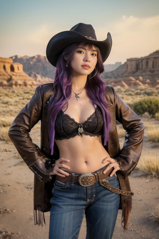 Revolver, hand gun with holster, Revolver, Her has a gun, Half-body ,standing pose, Western film, America, Cowboy Dressed as I, Cowboy style Wear,  cowboy-hat, (Billy the  style) ,looking viewer, Korean girl ,  ,(long wavy hair, purple hair, fringe),(middle breasts, slender whist), (masterpiece, highest quality, Very detailed, Ultra-high resolution, (photopractical:1.4), Original photo. 