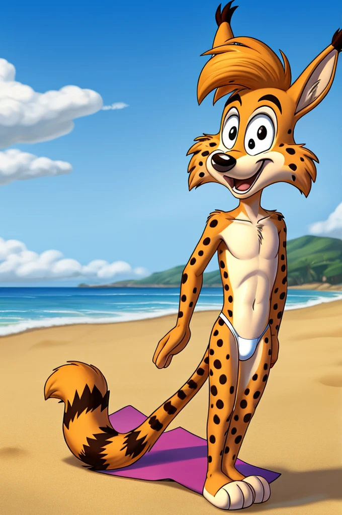 Lynx cartoon guy full length slim skinny in red speedo on the beach with a happy face striped tail