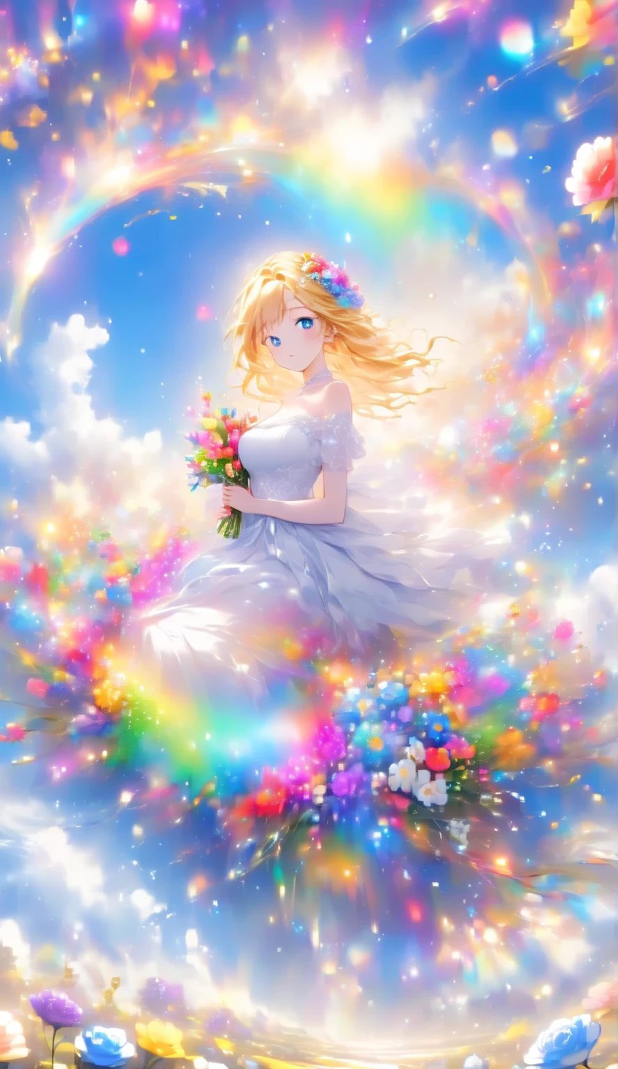 Score 9 Up,Score 8 Up,Score 7 Up,(Best Quality),((Masterpiece)),Anime, "A pretty girl, dressed in gorgeous clothing, is sitting in a vast flower field. She is holding a colorful bouquet, and in the background is a blue sky with floating white clouds." Blue Eyes I'm in a Flower Field. (Best Quality),(Perfect Makeup),(((Shiny Skin))) An anime-style figure is depicted with a long, detailed beautiful face and eyes,(Blue Eyes )(Looking at the viewer)(Large Breasts) Flowing Blonde Hair. The figure is wearing an off-the-shoulder dress with intricate lace and floral patterns. The overall scene has a dreamy atmosphere of a fantastical moment. In the background is a blue sky with floating white clouds. The sky has rainbow-colored snowflakes and light particles floating in the air、raw photo:1.2, masterpiece, highest quality, 16k, unbelievably absurd, very detailed, perfect beauty, beautiful  girl bride with holding roseis bouquet: 1.2,vibrant colors illustration, speech bubble (meow❤hearts)detailed beautiful face and eyes，(Big breasts)(blue eyes )(looking at viewer)