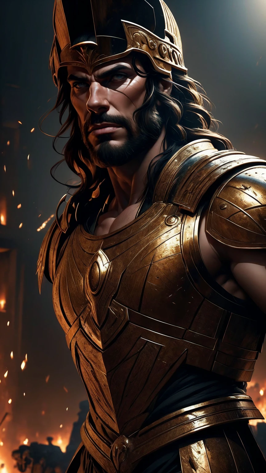 a 45 year old man, black hair, helmet ,prince of troy ,hector of troy, (best quality,4k,8k,highres,masterpiece:1.2),ultra-detailed,(realistic,photorealistic,photo-realistic:1.37),hyperrealistic,cinematic lighting,extremely detailed face and body,dramatic pose,epic scale,dramatic lighting,dark moody colors,chiaroscuro lighting,dramatic shadows, on the war, whole body, comic style, in combat