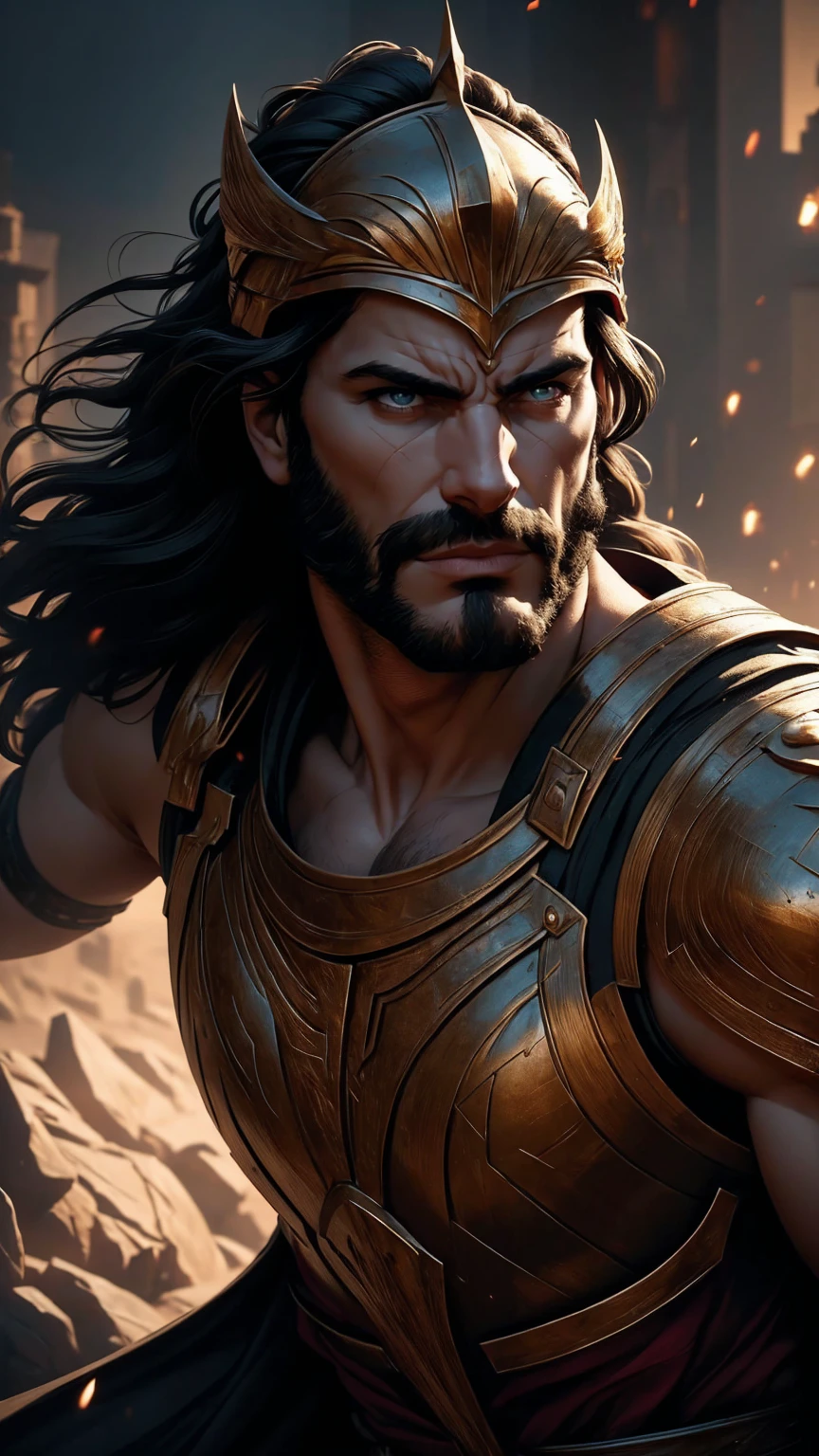 a 45 year old man, black hair, helmet ,prince of troy ,hector of troy, (best quality,4k,8k,highres,masterpiece:1.2),ultra-detailed,(realistic,photorealistic,photo-realistic:1.37),hyperrealistic,cinematic lighting,extremely detailed face and body,dramatic pose,epic scale,dramatic lighting,dark moody colors,chiaroscuro lighting,dramatic shadows, on the war, whole body, comic style, in combat