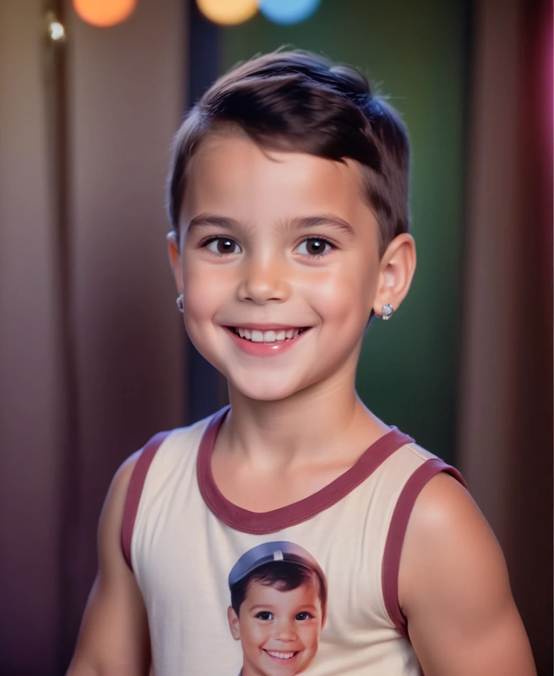 Boy approximately 10 years old, dark curly hair, wearing a white t-shirt with green details from the Palmeiras team. with rounded face, hole in the chin and slightly light brown skin.