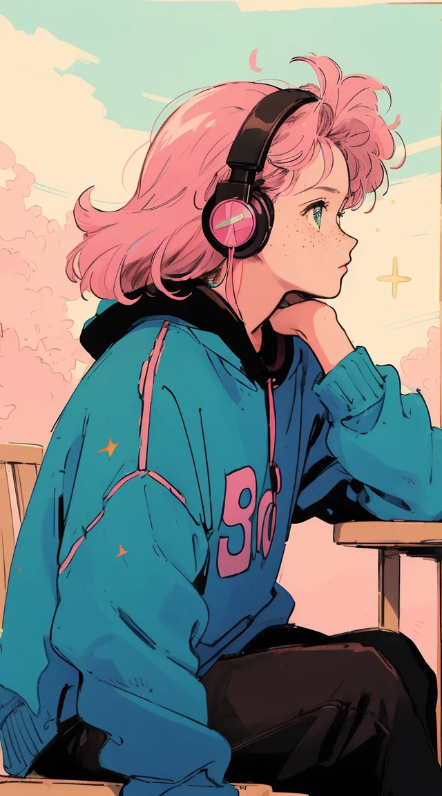 90s Anime,  illustrator ,  realistic ,sketch , 1 person,  white skinned girl with freckles ,  wearing a colorful sweatshirt,  glitter, pink hair ,  she's sitting  , profile、textured cutout  ,  headphones 、I'm listening to something ( masterpiece ,  top quality ),背景に街のnight景、night、Gaze Up、 looking upwards 