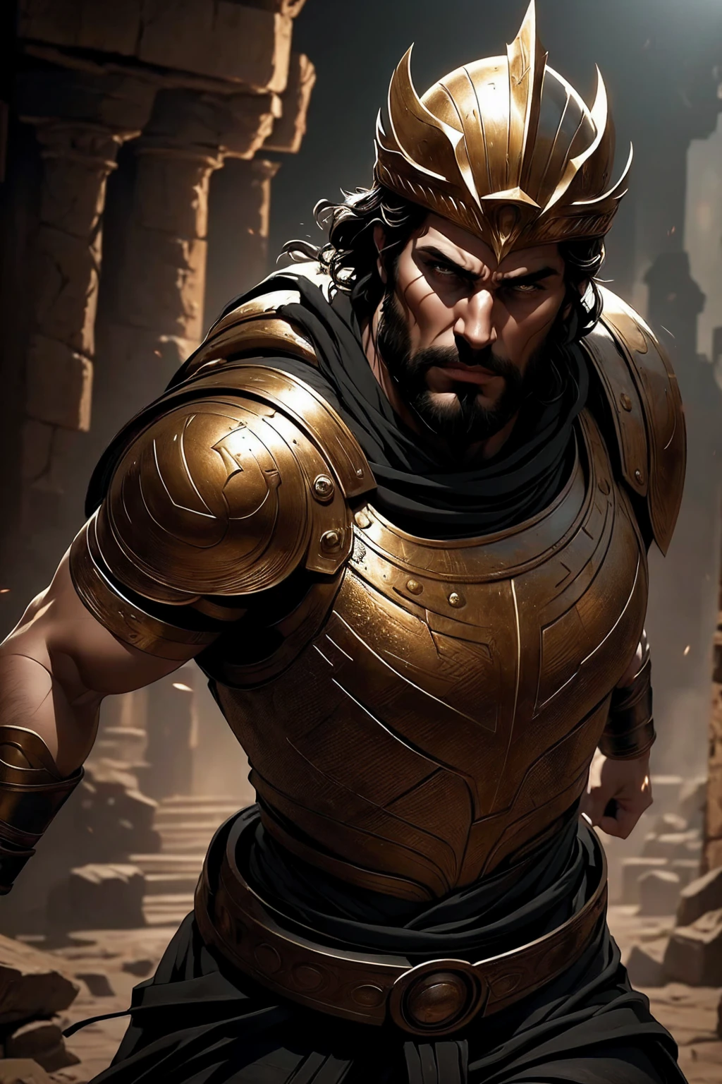 a 45 year old man, black hair, helmet ,prince of troy ,hector of troy, (best quality,4k,8k,highres,masterpiece:1.2),ultra-detailed,(realistic,photorealistic,photo-realistic:1.37),hyperrealistic,cinematic lighting,extremely detailed face and body,dramatic pose,epic scale,dramatic lighting,dark moody colors,chiaroscuro lighting,dramatic shadows, on the war, whole body, comic style, in combat, dinamic poses