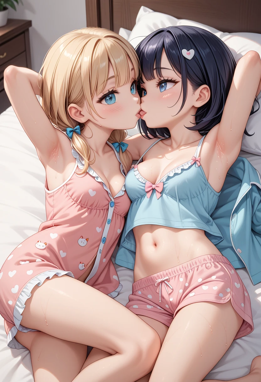 cute sexy  sisters, 2girls, sensual and alluring seductive kissing, relaxing in bed during a hot summer day sweaty and sensual, little cute girls young aite pre-teen in sexy cute of pajamas me perky breasts cleavage décolletage low-cut neckline showing cute armpits 