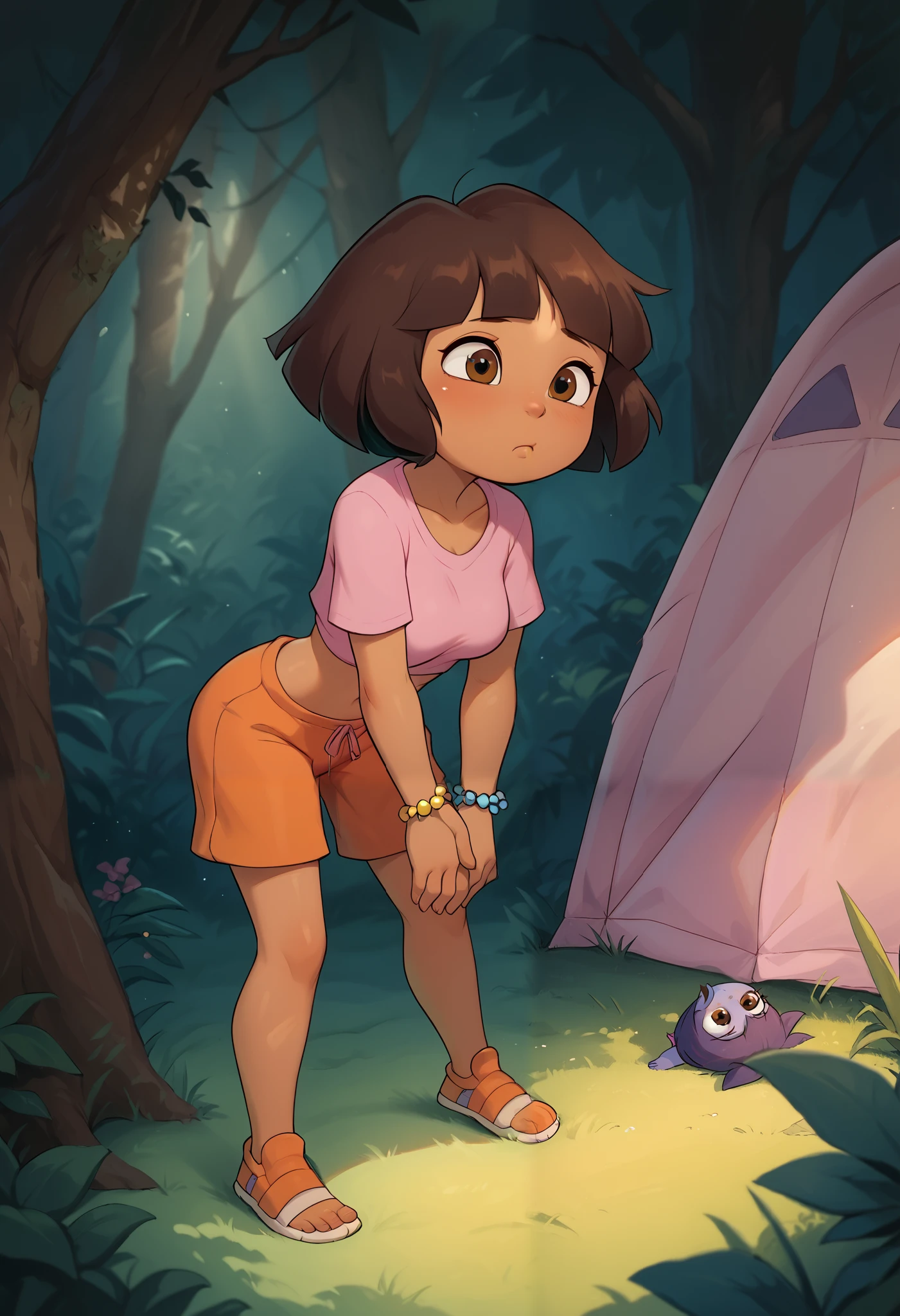  solo, From the front, symmetrical composition, cute, sleepy, drowsy, on knees, medium breasts, Dora,  brown eyes, morning, inside a tent, outdoors, dark-skinned female, bob cut, (pink shirt), crop top, bare midriff, loose shirt, (orange shorts), bracelet, (slender athletic body), leaning forward,