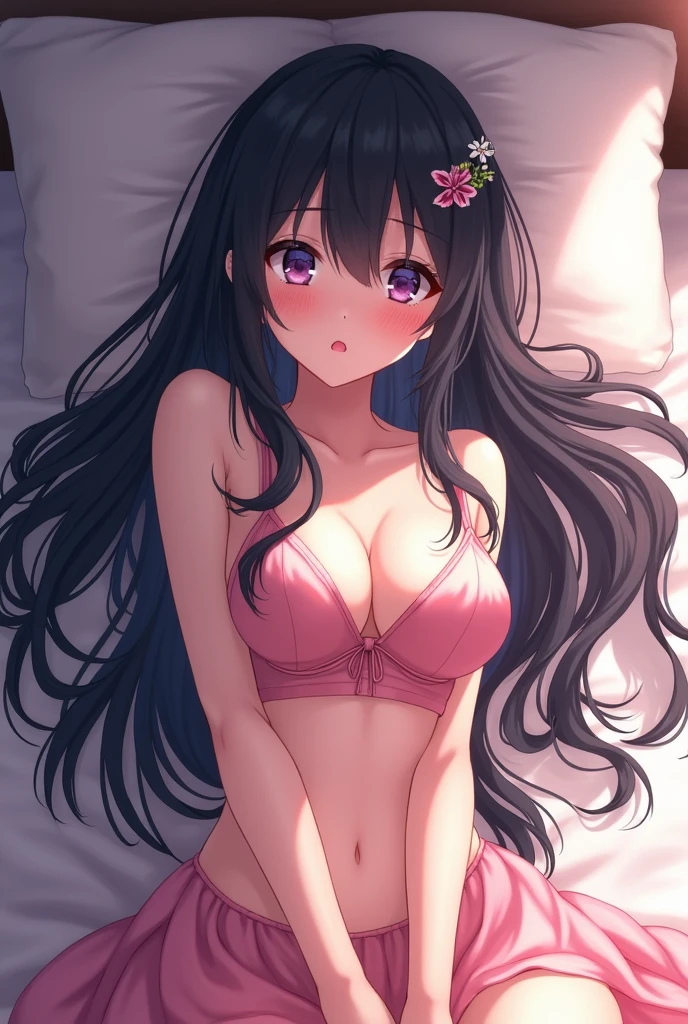 an anime girl, with extremely long, combed hair, smooth and shiny, with huge breasts, big-ass, wearing short clothes lying face up on a bed, blackquality hair