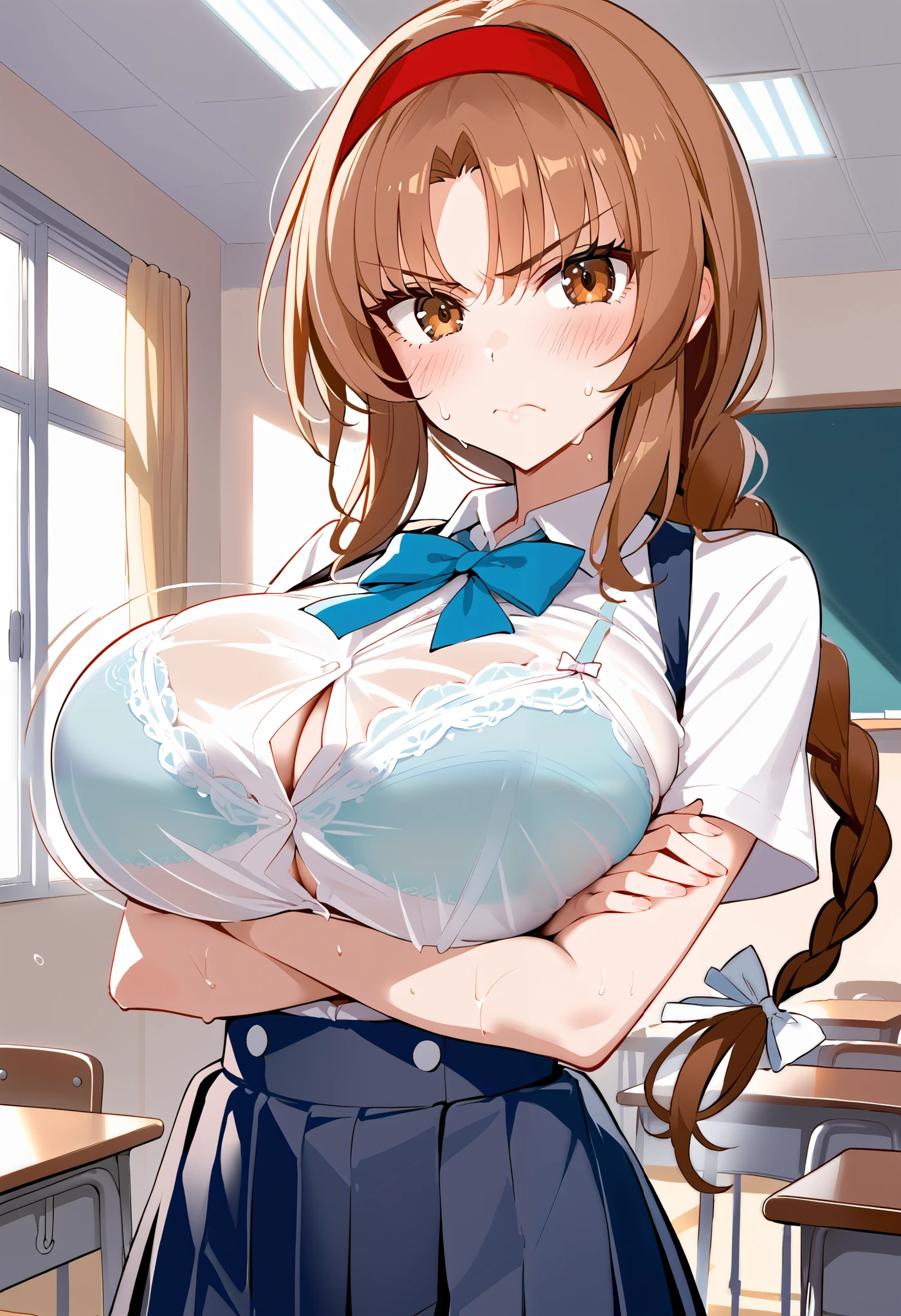 takao_dfrag, brown hair, long hair, braided ponytail, red hairband ,brown eyes, official art, ((large breasts)),school uniform , bra visible through clothes ,BREAK indoors, classroom BREAK, looking at viewer, standing,dynamic pose BREAK score_9, score_8_up, score_7_up, source_anime ,zPDXL, perfect hand , dynamic angle,
embarrass,sweat,blush,angry,crossed arms,(bouncing boobs:1.3),looking at viewer,, (huge breasts:1.3),(wide tits),full bust,busty, Round breasts ,Athletic breasts,slender,(nalow waist:1.3),Skinny Body,taut clothes