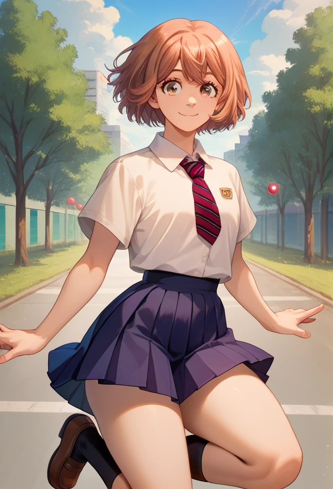 Hinata Tachibana, Tokyo revengers, short hair, light brown hair, brown eyes, bangs, school uniform, outdoor background, thick thighs, bright skin, smile Beautiful eyes, jumping dynamic poses ,Best quality eyes, brown eyes, 