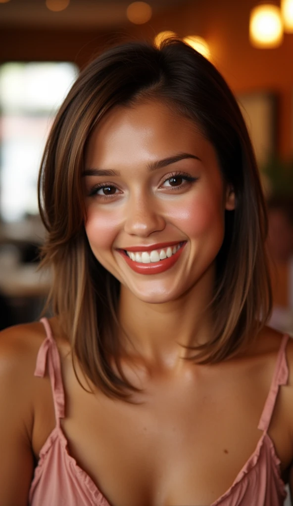 woman, smiling, brown shoulder-length hair with blonde highlights, wearing a babydoll strapless dress, background is a restaurant, bokeh, backlighting, artificial lighting., looking directly at the viewer, looking directly at the camera, making eye contact, looking straight ahead, extreme close-up, zoomed, focus on face, centered, macro shot, face centered, focus on eyes, modest clothes, modest apparel, chest covered, modesty moist red lips, eye shadow, eye liner, blush, professional makeup