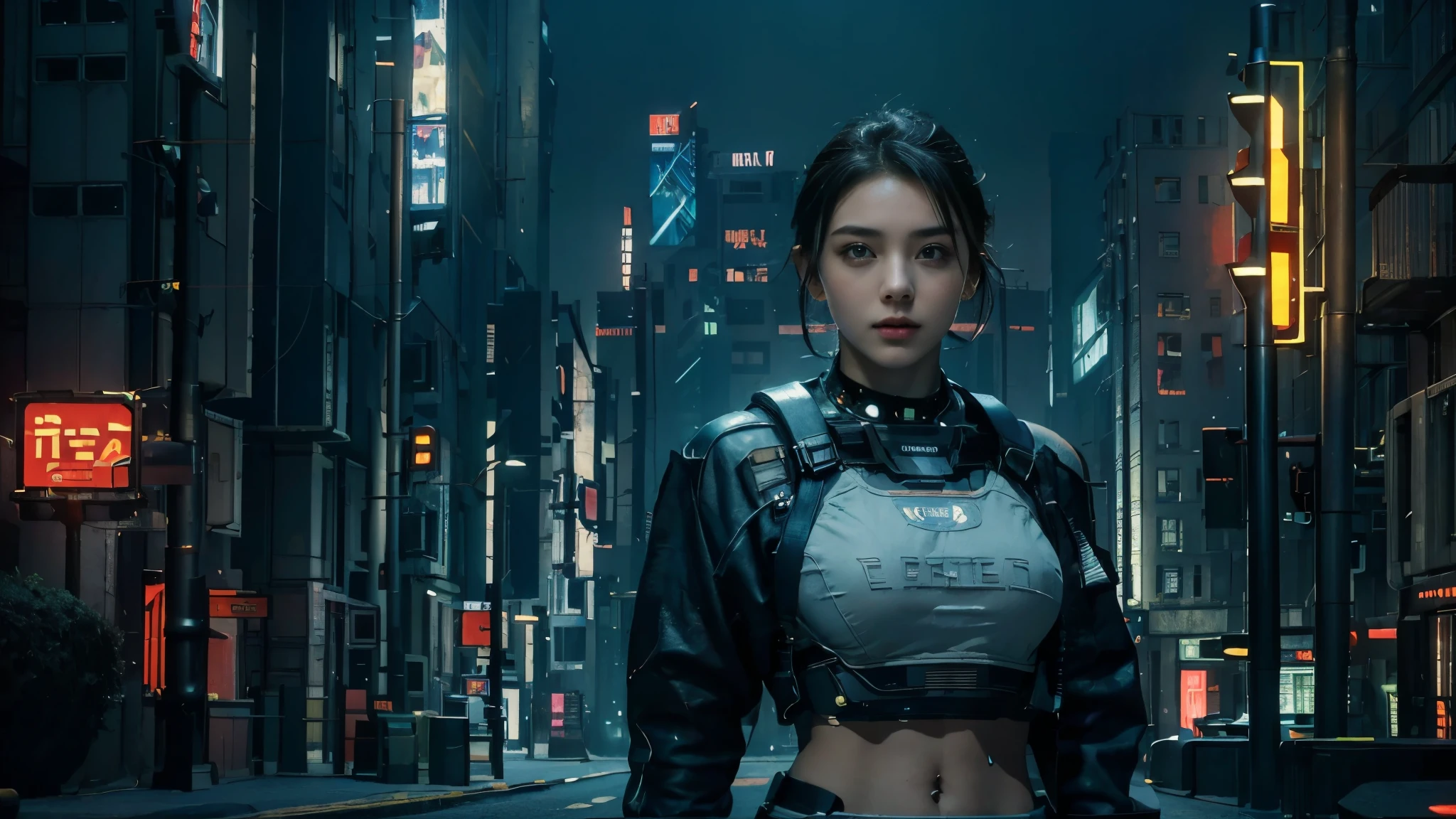 masterpiece, High Resolution,8K,(Portrait Photos:1.5),(R Original Photo),Reality,Digital Photography,( cyberpunk), Future Cities ， BEAUTIFUL 20 YEAR OLD WOMAN，Short hair，Keep your mouth shut， post-apocalyptic scene， upper body photography ，Beautiful 20 year old woman in openwork mecha suit 