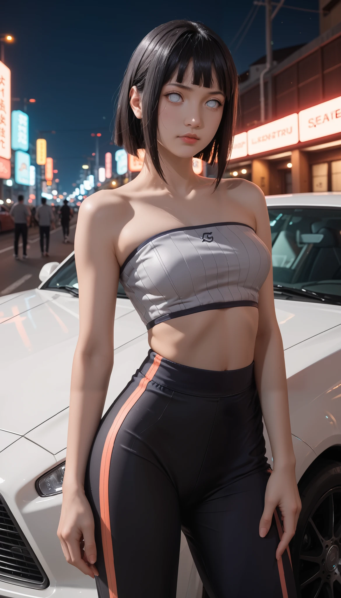  character clothes a detailed and beautiful portrait of a -yeld Jaese girl,  medium breasts, with healthy appearance , sexy expression,      tight clothing  , Bold pose,    detailed embroidery   ,  belly out , Tube top,  high quality, 8k,    realistic photo ,   dramatic lighting ,    vivid colors   ,(   masterpiece   ,     top quality   ,  :1.2),  (  cyberpunk urban scene illuminated by neon lights  ), (Alone:1.4), (     Elegant and cool  ),    Bright neon details    :1.3), ( serious expression   :1.1), ( Leaning against a sports car ,     Confident and relaxed poses      :1.3),  Holographic outdoor  , (   dynamic lighting   ,   Strong contrast, bare arms, joy, Hinata of Naruto, sexy clothes,   Hinata Naruto character clothes  ,   full body,  black hair,