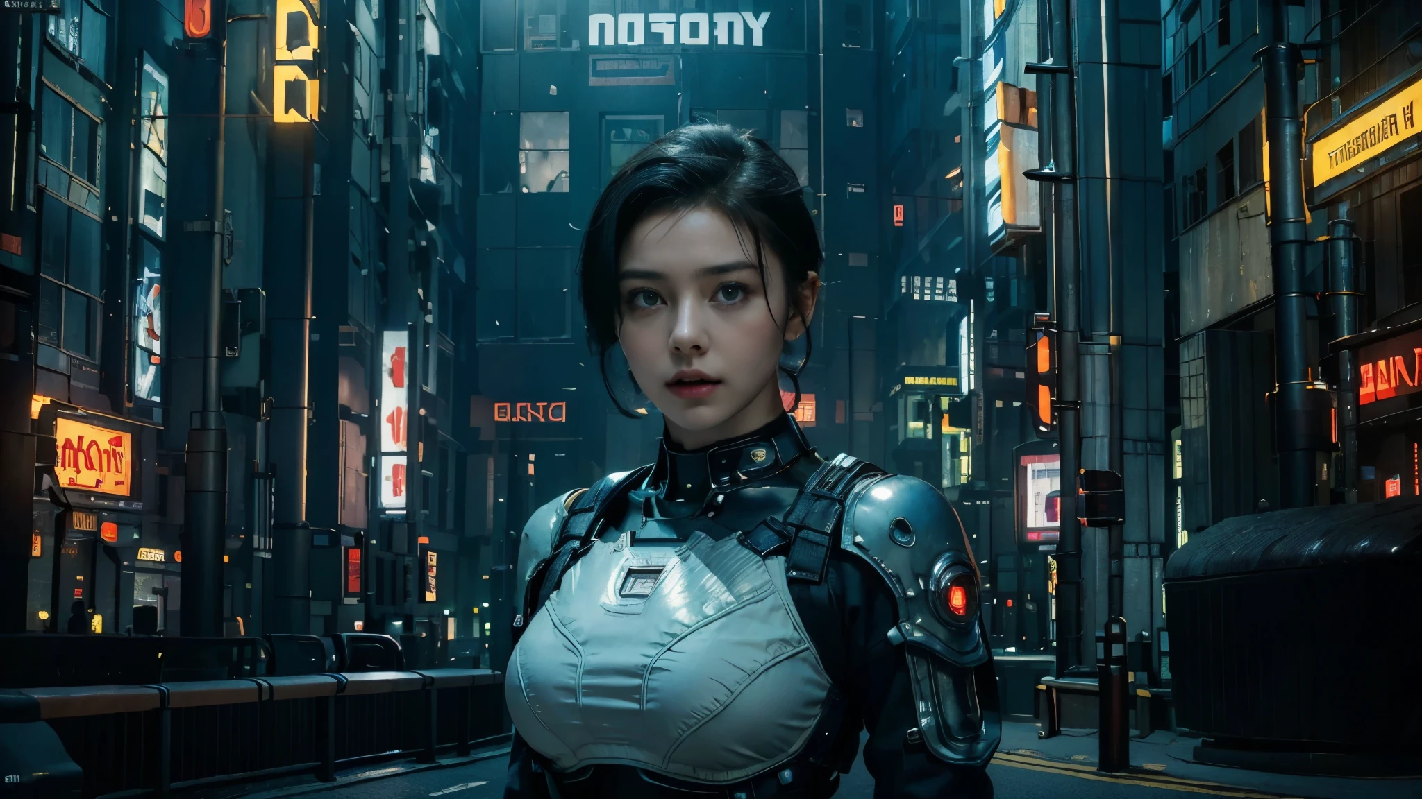 masterpiece, High Resolution,8K,(Portrait Photos:1.5),(R Original Photo),Reality,Digital Photography,( cyberpunk), Future Cities ， BEAUTIFUL 20 YEAR OLD WOMAN，Short hair，Keep your mouth shut， post-apocalyptic scene， upper body photography ，Beautiful 20 year old woman in openwork mecha suit 