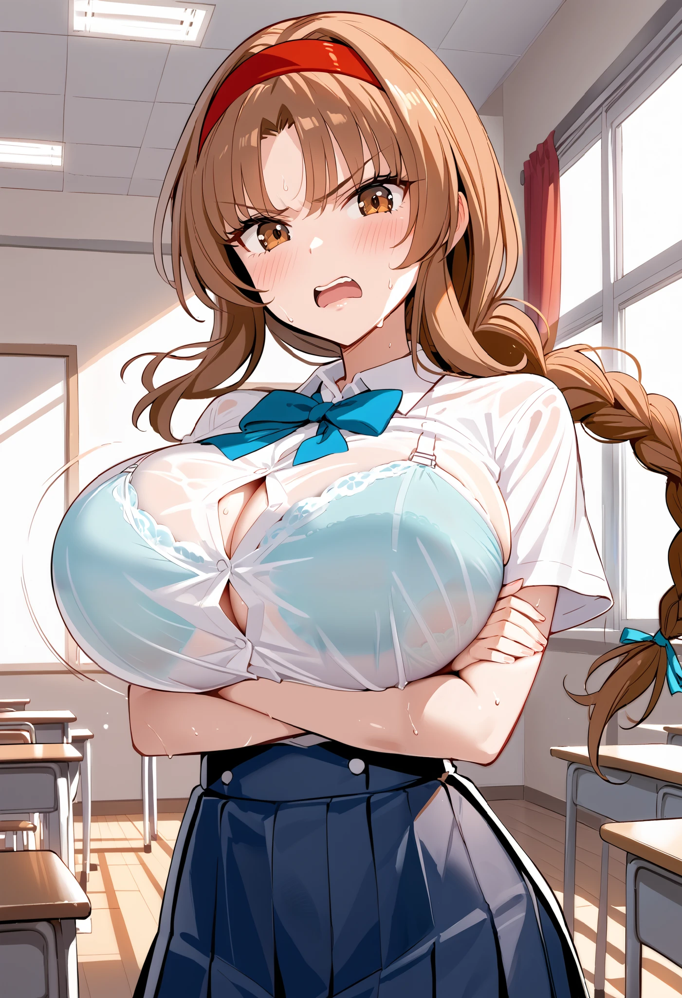 takao_dfrag, brown hair, long hair, braided ponytail, red hairband ,brown eyes, official art, ((large breasts)),school uniform , bra visible through clothes ,BREAK indoors, classroom BREAK, looking at viewer, standing,dynamic pose BREAK score_9, score_8_up, score_7_up, source_anime ,zPDXL, perfect hand , dynamic angle,
embarrass,sweat,blush,angry,open mouth,crossed arms,(bouncing boobs:1.3),looking at viewer,, (huge breasts:1.3),(wide tits),full bust,busty, Round breasts ,Athletic breasts,slender,(nalow waist:1.3),Skinny Body,taut clothes