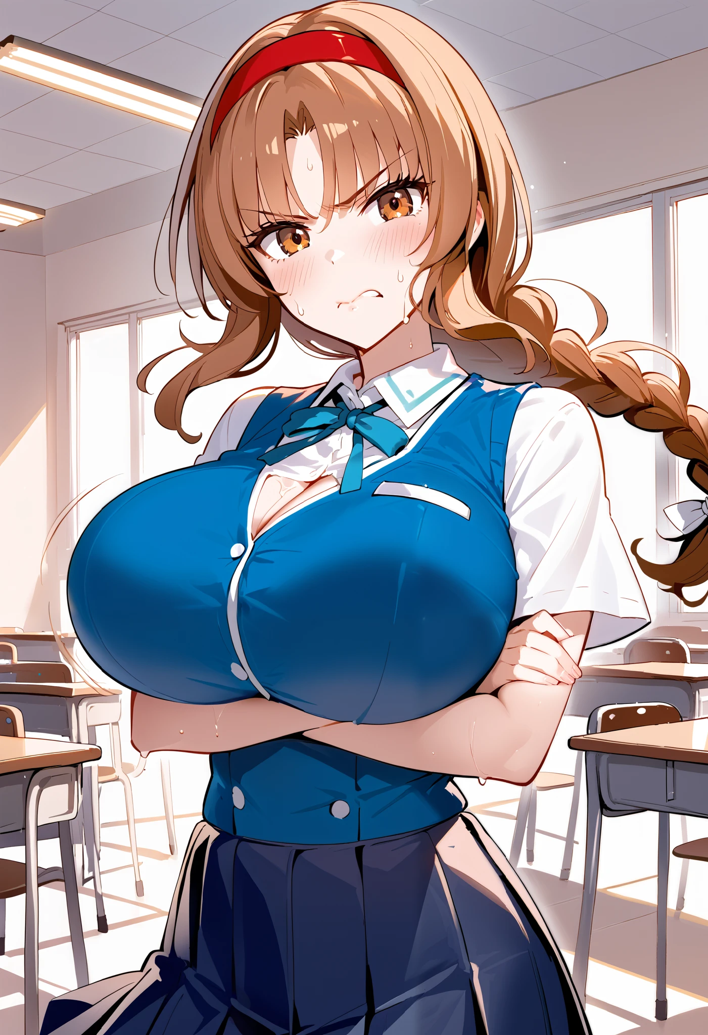 takao_dfrag, brown hair, long hair, braided ponytail, red hairband ,brown eyes, official art, ((large breasts)),school uniform ,blue vest,BREAK indoors, classroom BREAK, looking at viewer, standing,dynamic pose BREAK score_9, score_8_up, score_7_up, source_anime ,zPDXL, perfect hand , dynamic angle,
embarrass,sweat,blush,angry,crossed arms,(bouncing boobs:1.3),looking at viewer,, (huge breasts:1.3),(wide tits),full bust,busty, Round breasts ,Athletic breasts,slender,(nalow waist:1.3),Skinny Body,taut clothes