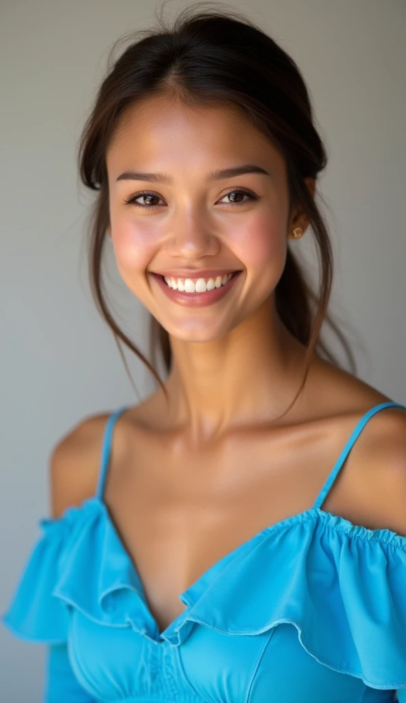 Arafed woman with a blue dress smiling at the camera