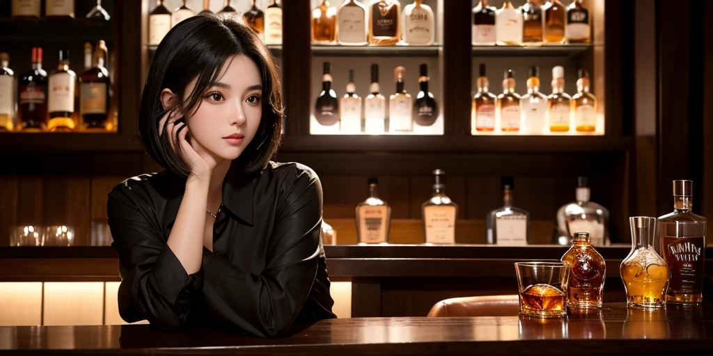  Cinematic Lighting , ( sharp focus ), (Perfect light),  pretty girl,  black hair,  bob hair ,  brown eyes, Inviting eyes, ( place your hands on your cheeks), (From the inside of a whiskey bar）、A glossy counter