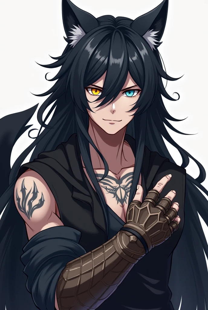 anime - style image of a man with tattoos and a chain around his neck, anime tribal boy with long hair, handsome japanese demon boy, with long hair and piercing eyes, tall anime guy with blue eyes, detailed anime character art, handsome guy in demon slayer art, beautiful male god of death, anime handsome man, male anime character