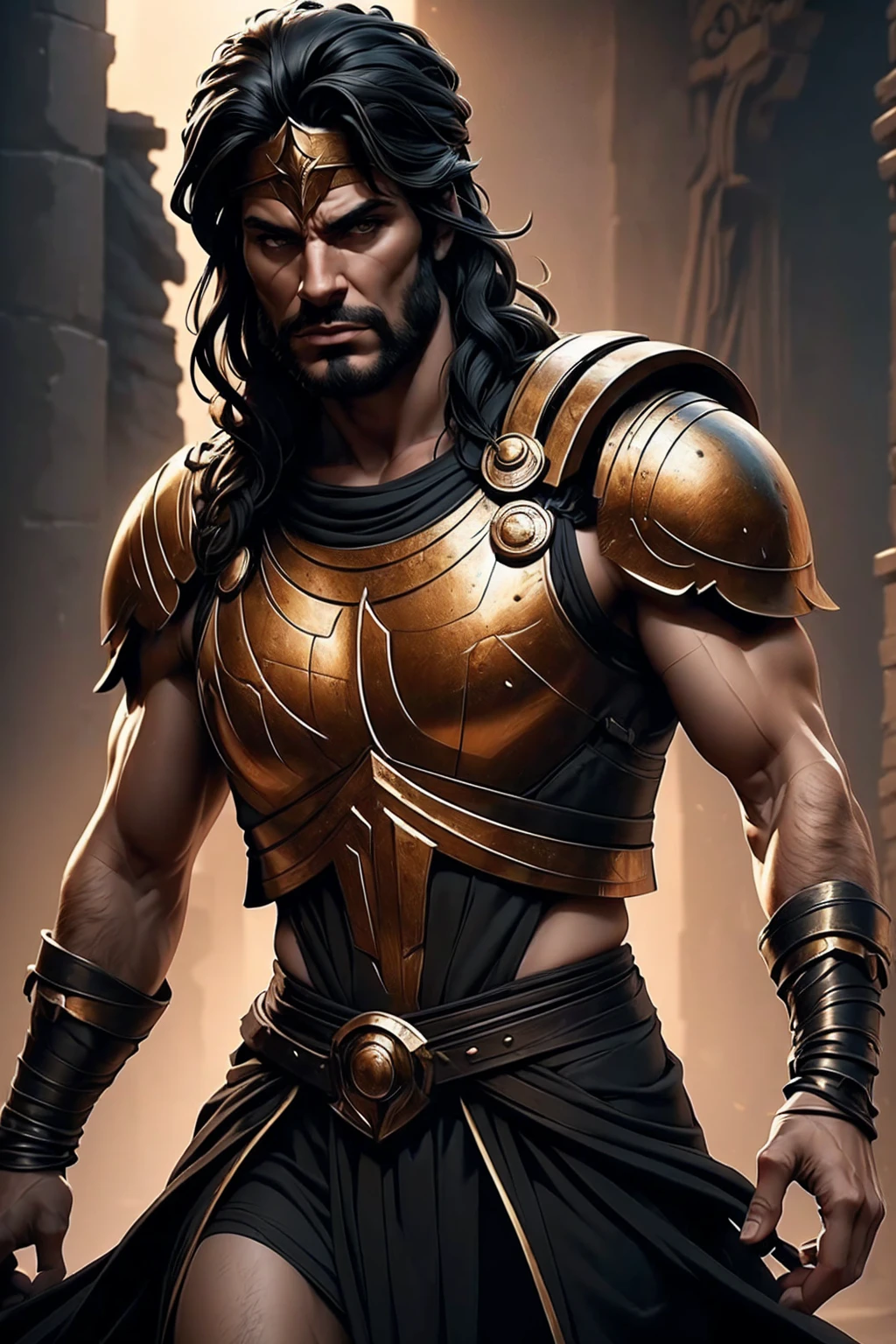 a 45 year old man, black hair, helmet ,prince of troy ,hector of troy, (best quality,4k,8k,highres,masterpiece:1.2),ultra-detailed,(realistic,photorealistic,photo-realistic:1.37),hyperrealistic,cinematic lighting,extremely detailed face and body,dramatic pose,epic scale,dramatic lighting,dark moody colors,chiaroscuro lighting,dramatic shadows, on the war, whole body, comic style, in combat, dinamic poses