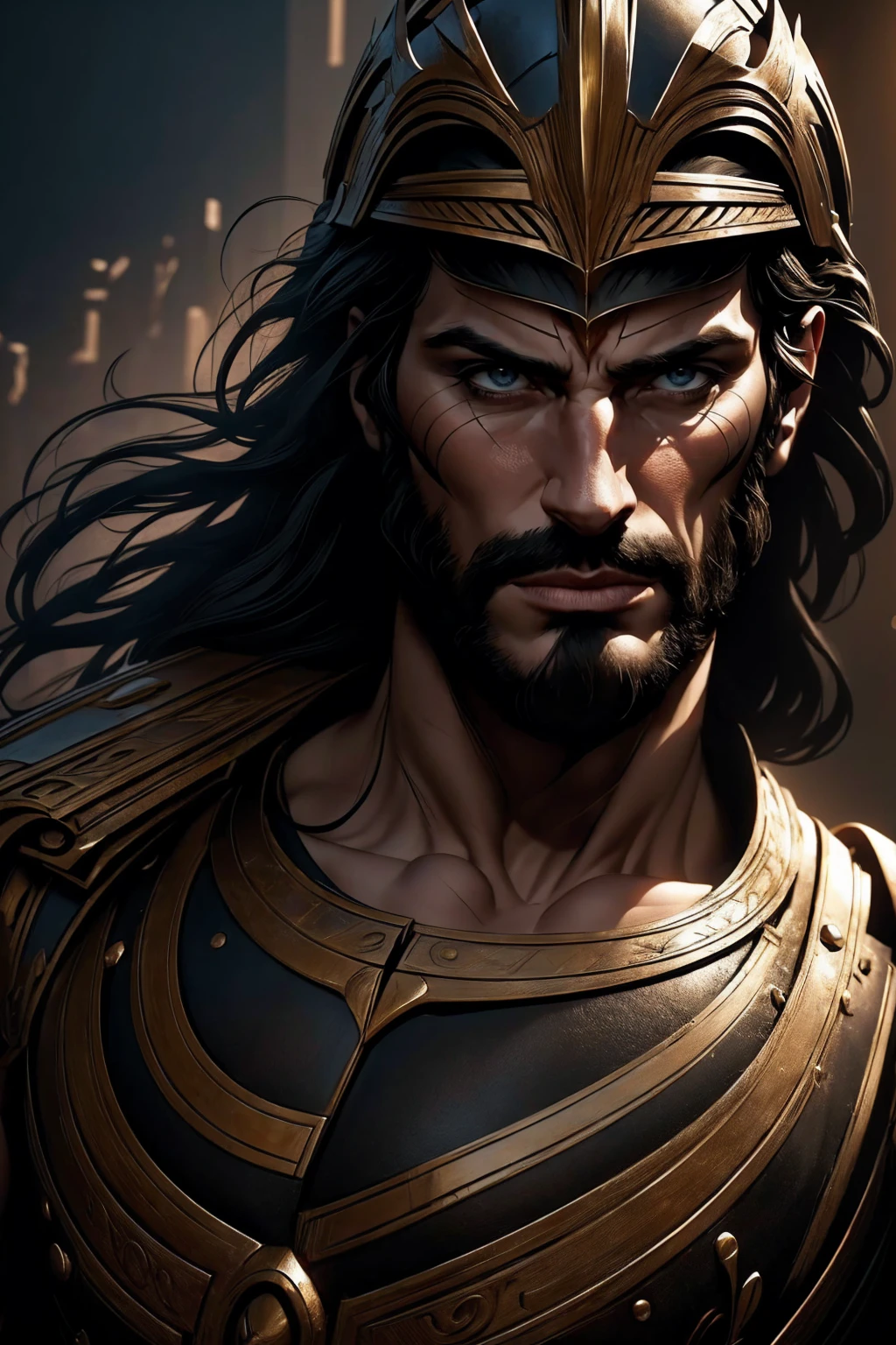 a 45 year old man, black hair, helmet ,prince of troy ,hector of troy, (best quality,4k,8k,highres,masterpiece:1.2),ultra-detailed,(realistic,photorealistic,photo-realistic:1.37),hyperrealistic,cinematic lighting,extremely detailed face and body,dramatic pose,epic scale,dramatic lighting,dark moody colors,chiaroscuro lighting,dramatic shadows, on the war, whole body, comic style, in combat, dinamic poses