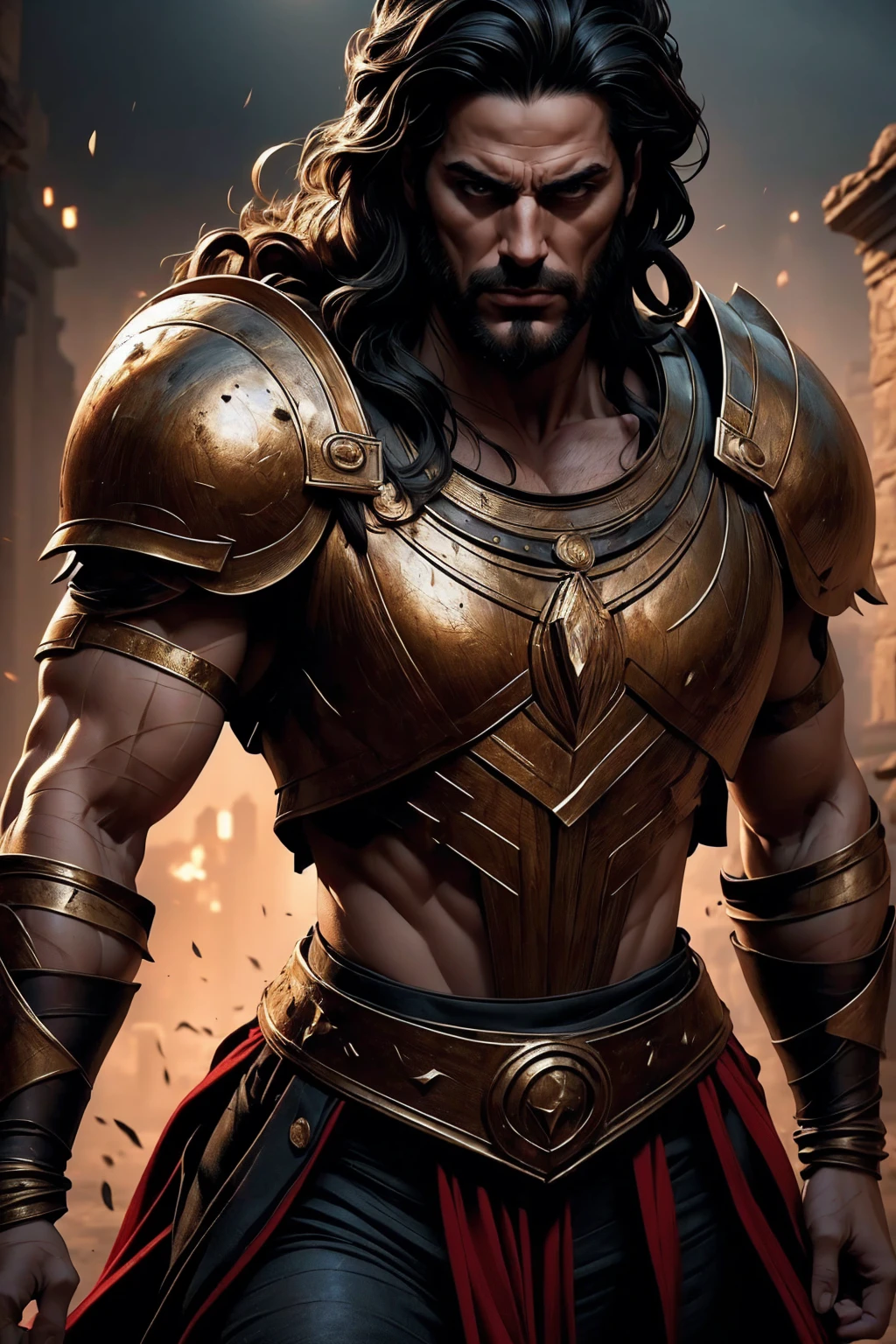 a 45 year old man, black hair, helmet ,prince of troy ,hector of troy, (best quality,4k,8k,highres,masterpiece:1.2),ultra-detailed,(realistic,photorealistic,photo-realistic:1.37),hyperrealistic,cinematic lighting,extremely detailed face and body,dramatic pose,epic scale,dramatic lighting,dark moody colors,chiaroscuro lighting,dramatic shadows, on the war, whole body, comic style, in combat, dinamic poses