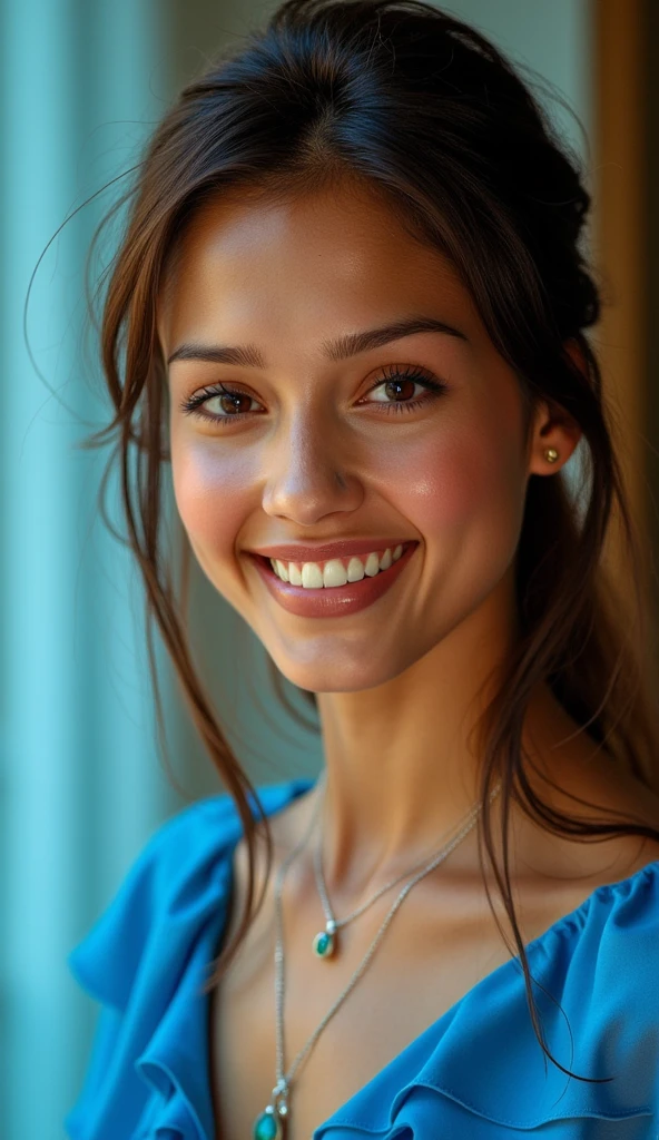 A beautiful woman with blue dress, smiling at the camera, detailed eyes, intricate hair, elegant expression, detailed skin, captivating gaze, warm lighting, high quality, photorealistic, cinematic, concept art, vibrant colors, stunning composition