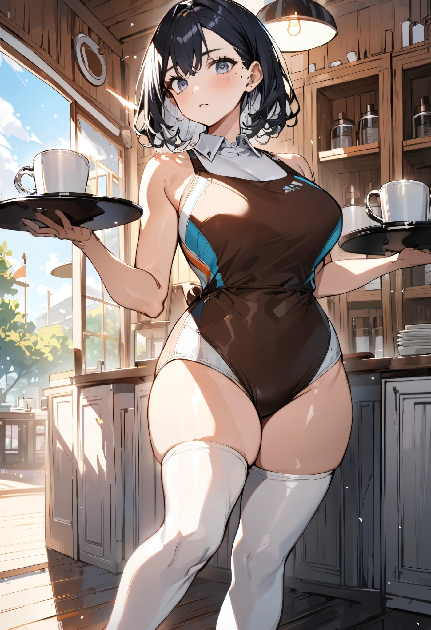 highest quality、(real、photorealistic:1.4)、(RAW photo:1.2,(Curve,Model,glamor:1.5),Beautiful breasts,(from below:1.2),(from side:0.9), ((Face)), (Close-Up:0.4), ((looking at viewer, holding a cup of coffee)), highest quality、(real、photorealistic:1.4)、(RAW photo:1.2),highest quality，(masterpiece)，(((Whole body image)))，(a 18yo girl)， (Highly detailed face),Slightly round face, (Tan brown face:1.0), Boyish beauties, beautiful face, Beautiful lips，Baby Face,（Big eyes),((black,hair,long pony tail hair)),thin pubic hair,cute,lovely,(strong silver hair:1.2),(blunt bangs),(Brown skin:1.0),(Military uniform, bulletproof jacket),nice companion,delicate body、thin legs,beautiful black dress,black gloves, black thighhighs, white panties,(double breasted,under bust:1.2)in the kitchen Woman in survival mode，Sexy thighs，Heat，Sweat heavily，Tropical forests，During a break，sit cross-legged on the ground,The way the light shines is beautiful, Beautiful buttocks,(with sparkling eyes and a contagious smile),little open mouth,black suspenders,Bulging big,breasts,walls: Black miniskirt,garters,Gaze,Small face,bangss,holster,Beautuful Women,hands up,leg holster,Gaze,black boots panty shot, provocation,flank,flank sweat soio,arm,,narrow waist,(with sparkling eyes and a contagious smile),her thin pubic hair, looking at viewer, pose muy sexy"
