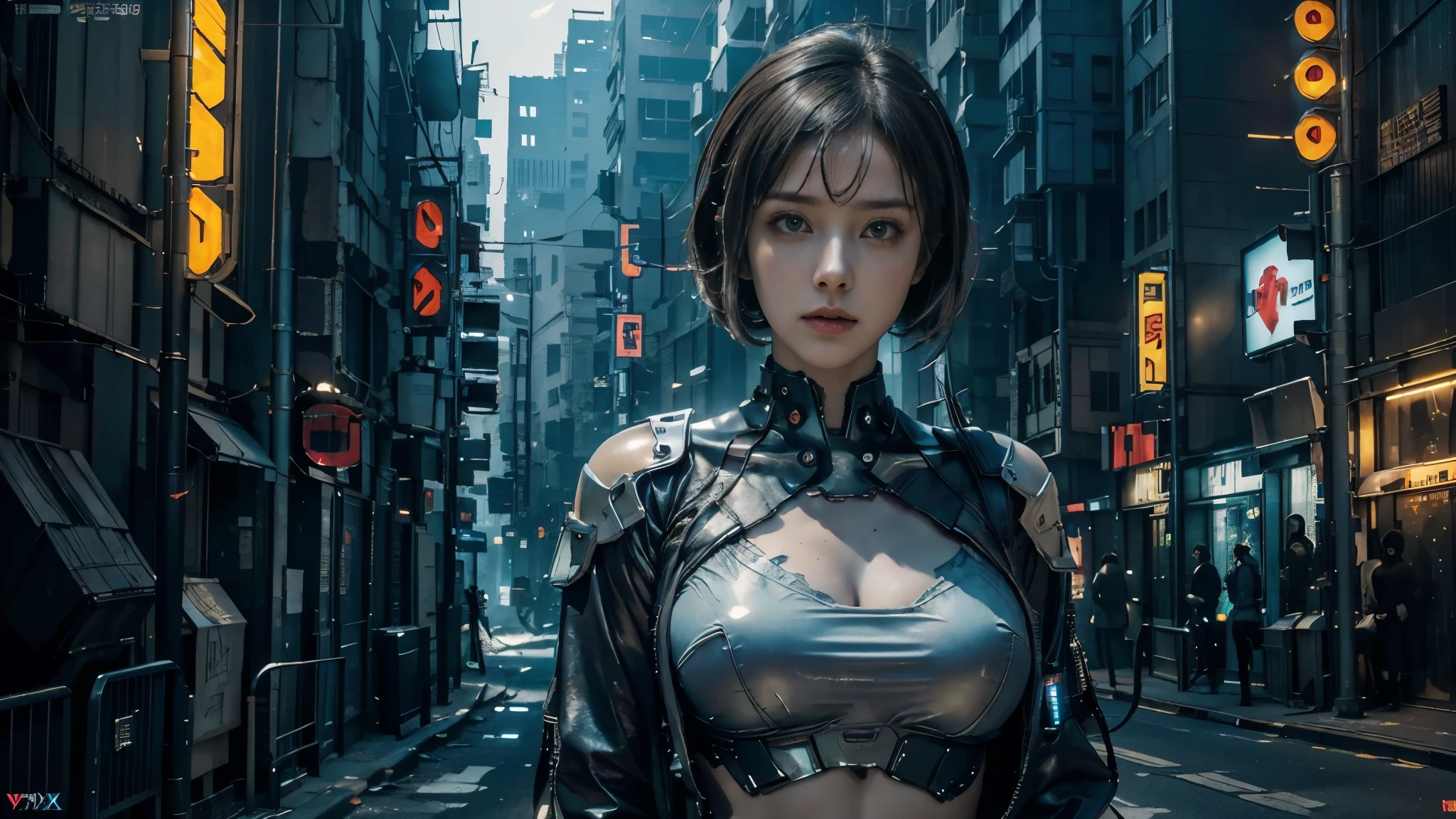 masterpiece, High Resolution,8K,(Portrait Photos:1.5),(R Original Photo),Reality,Digital Photography,( cyberpunk), Future Cities ， BEAUTIFUL 20 YEAR OLD WOMAN，Short hair，Keep your mouth shut， Big Breasts ， post-apocalyptic scene， upper body photography ，Beautiful 20 year old woman in openwork mecha suit 