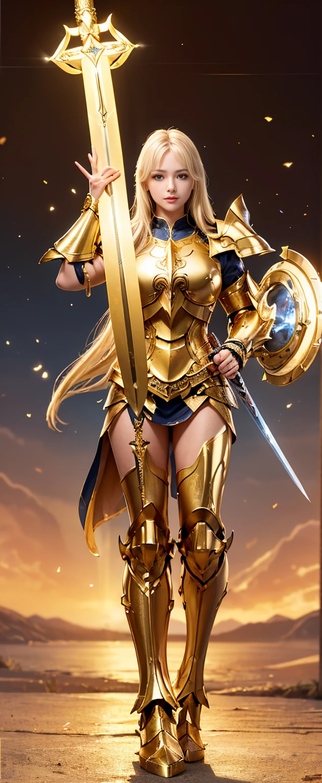 Best quality, masterpiece, super high resolution, (fidelity: 1.4), a woman in golden armor holding a sword and standing in front of a column, golden goddess athena, blonde goddess, angelic golden armor, golden armor, light golden armor, golden goddess , goddess venus athena, stunning goddess giant shot, elegant gold armor , gold armor, roman goddess, extremely detailed goddess, gold armor, greek goddess athena.