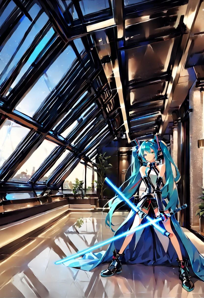 (hatsune miku:1.2), (jedi knight:1.4), (twin light sabre,dual wielding:1.4), (luxurious penthouse, indoor rooftop jedi temple:1.4), 