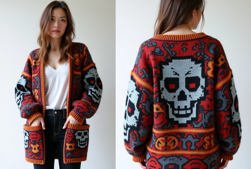 Knitting Diagrams  、multicolor skull pattern loopy sweater、複雑な構成で奇抜なカーディガンのKnitting Diagrams  、 Knitting pattern  、 knitting composition diagram  、 複雑なKnitting Diagrams  ,Woman with full body portrait 
