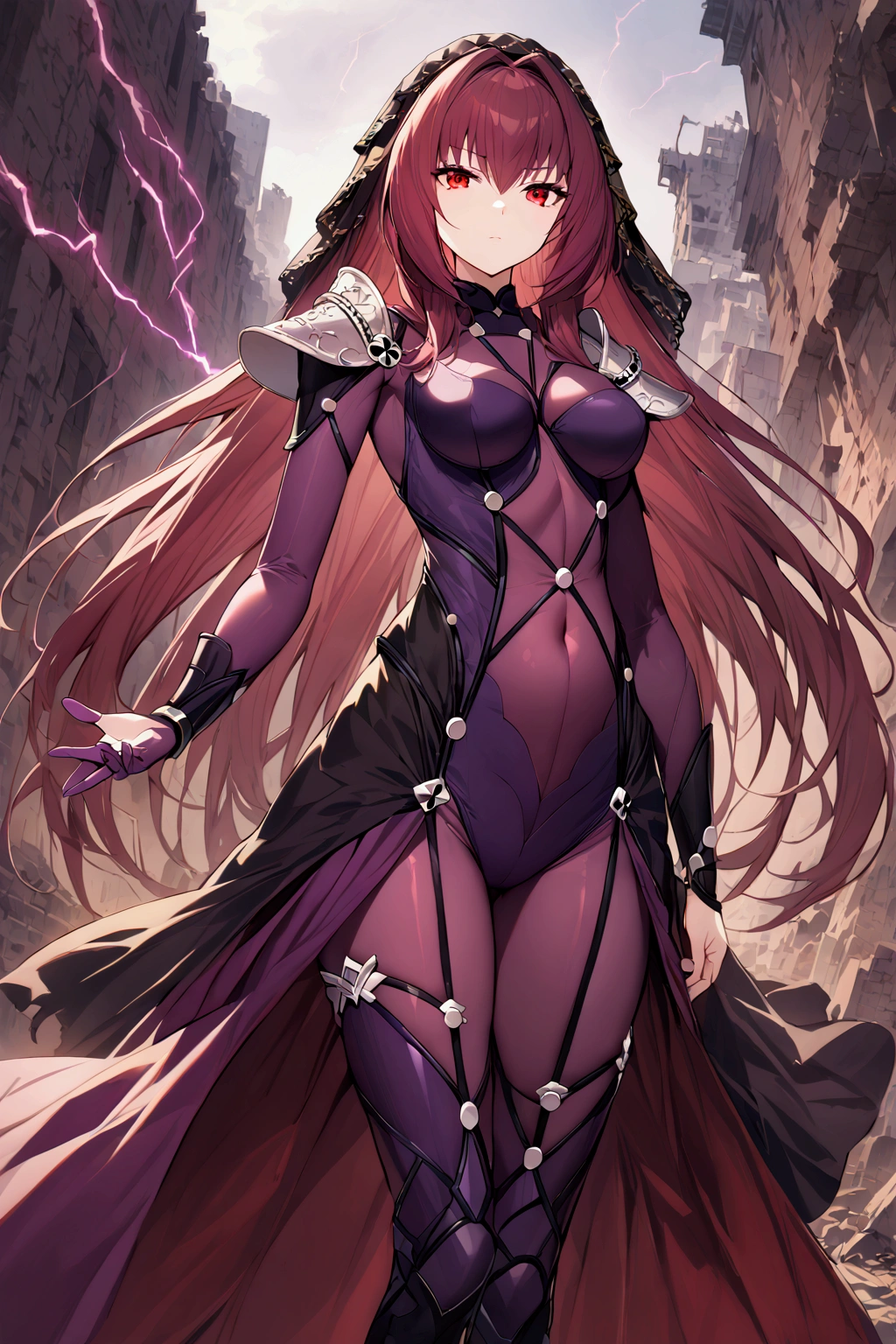 (masterpiece: 1.2), (best guality: 1.2), (ultra detailed: 1.2), 1girl, standing, (ruined building: 1.1), looking at viewer, expressionless, scathach, long hair, purple hair, red eyes, armor, bodysuit, pauldrons, purple bodysuit, shoulder armor, thighs, veil, black veil, (raise right hand: 1.2), (crackling red lightning: 1.2), handfixer