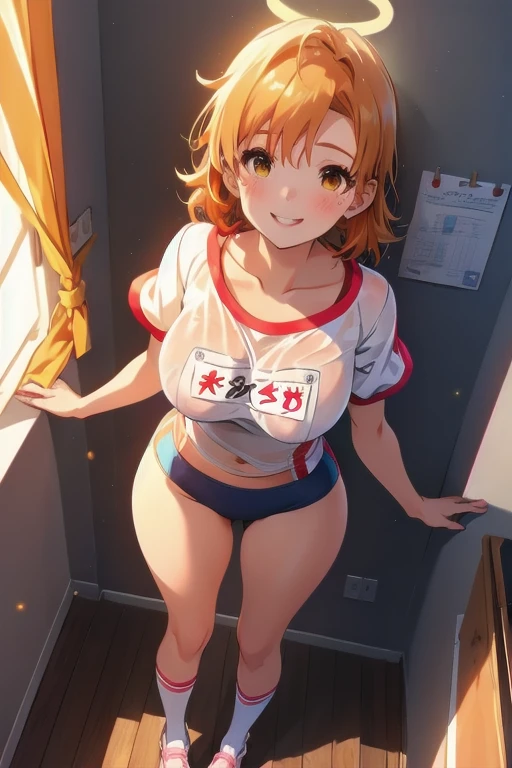 1girl in, Parted lips, blush, makeup, lightsmile, Full body, Wide Angle, From  above, crass room, llight rays, Glow, thighs thighs thighs thighs, clavicle, Narrow waist, (masterpiece), Wallpaper, orange hair color, Breast bulge, Sheer, white gym uniform, Dark blue bloomer, White socks, a wet body