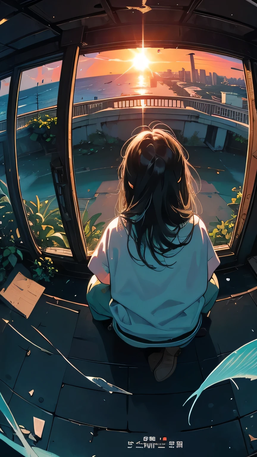 Anime girl looking out of a window at the sunset - SeaArt AI