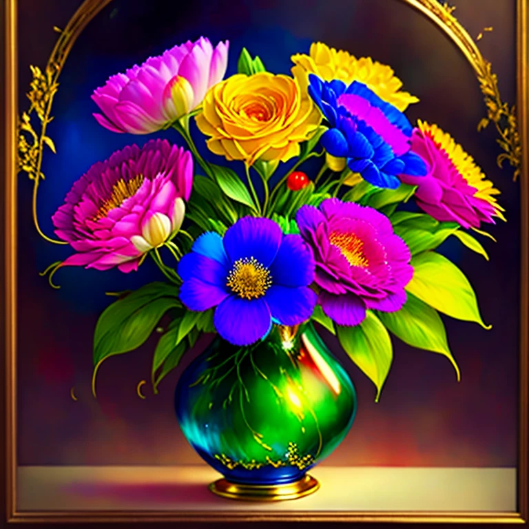  A beautiful bouquet of flowers in a very beautiful vase !  An exquisite vase is a work of art - a crystal vase with gold trim on the edges and decorated with precious stones is simply impeccable. !  The magic of creating masterpieces of portrait painting  ! All the colors of paint , pour out onto canvas ,  magically move and mix ,  turning into a stunningly beautiful portrait  ! Lovely,  the bright and contrasting colors are simply stunning  . our imagination is creating a masterpiece !