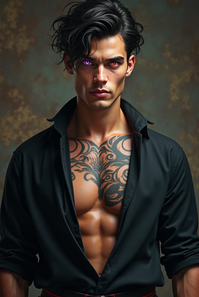 a man who is extremely buff and muscular so much so that all his clothes are skin tight, has a well-built-toned body, scars, shaggy jet-black hair, deep blue eyes, a long stubble on his jaw, a perfect natural tan, and butterfly tattoo in the center of his chest wearing a suit