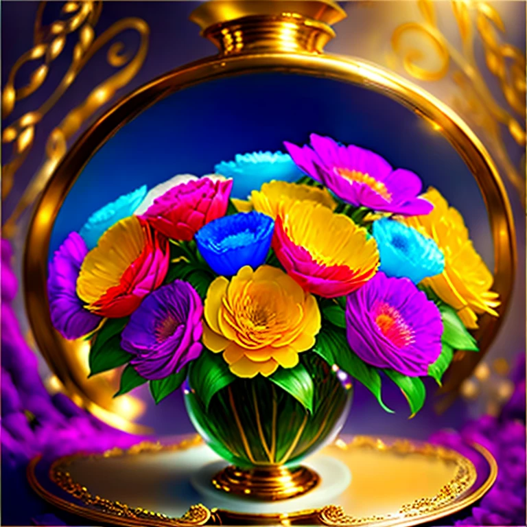 A beautiful bouquet of fresh flowers in a very beautiful vase!  An exquisite vase is a work of art - a crystal vase with gold trim on the edges and decorated with precious stones is simply impeccable. !  The magic of creating masterpieces of portrait painting  ! All the colors of paint , pour out onto canvas ,  magically move and mix ,  turning into a stunningly beautiful portrait  ! Lovely,  the bright and contrasting colors are simply stunning  . our imagination is creating a masterpiece !