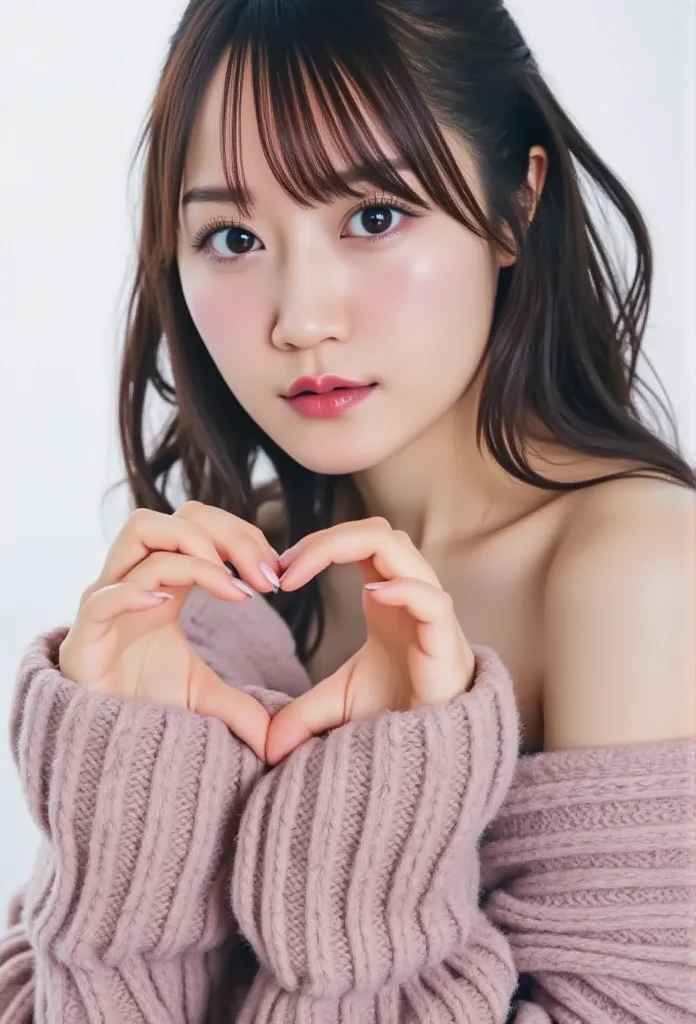 ((masterpiece)), (best quality), official art, extremely detailed CG, unity 8k wallpaper, ultra detailed, highly detailed, detailed background, vivid color, photorealistic, perfect lighting, best illumination,
a Realistic photo of 4dr14n4l1m4,  long hair, blue eyes, brown hair, jewelry, earrings, parted lips, 
sweater, heart cutout,  naughty smile, 
 