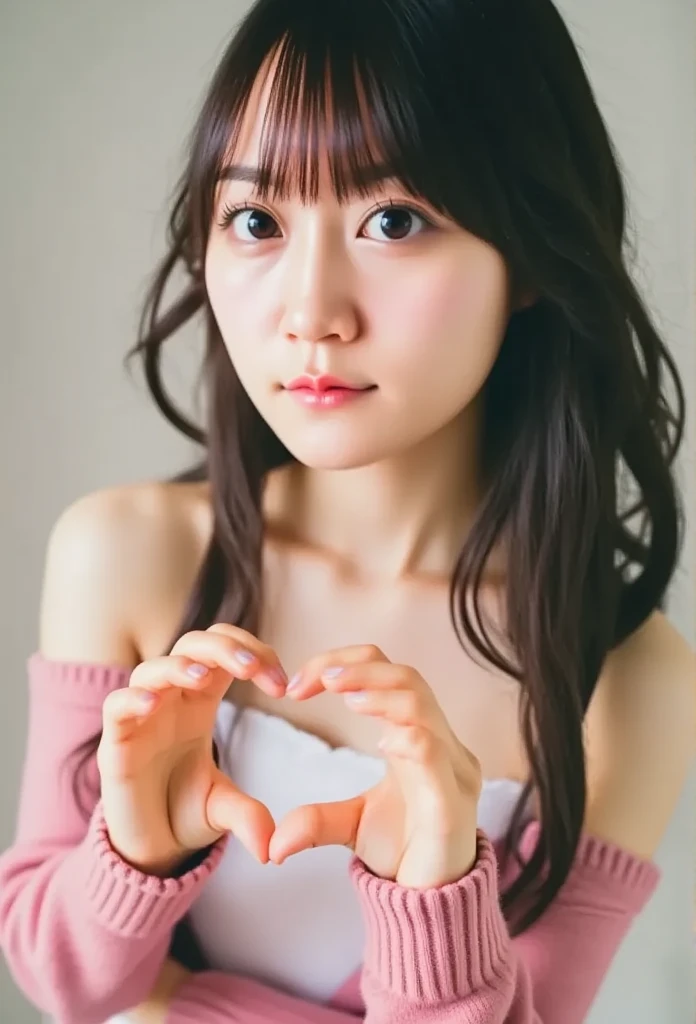    high definition  、  female 1 person、  wear fluffy off-the-shoulder pajamas 、 create a big heart in front of your chest with your own hands , Photo Mapping、 looking up with moist eyes、  high image quality、   high definition  、1080P、  rich details  、(  Stunning Features  :1.35)、(  detailed eyes)、Delicate clavicle、  Various Poses、  A very realistic and detailed upper body portrait of a young woman。 Beautiful skin 、 頬の高いところに柔らかなLight is reflected ている .、   small pores and hair follicles  、   You can see even the thinnest blood vessels   。The skin is smooth、She has a natural flush to her cheeks 、Healthy glow。  The eyes are large and clear blue、  There is a fine pattern on the iris  、 Light is reflected 、 slightly tilted to 。  There is a slight shadow under her eye  、  Lashes are long and naturally curled 。 Her lips are a soft pink 、  Smooth texture that gives off a natural glow  、 。   The background is a pale black and white gradient  .、  The focus is perfectly on the face and upper body 。  Realistic shadows and hair roots  、  picture-like depiction.。
