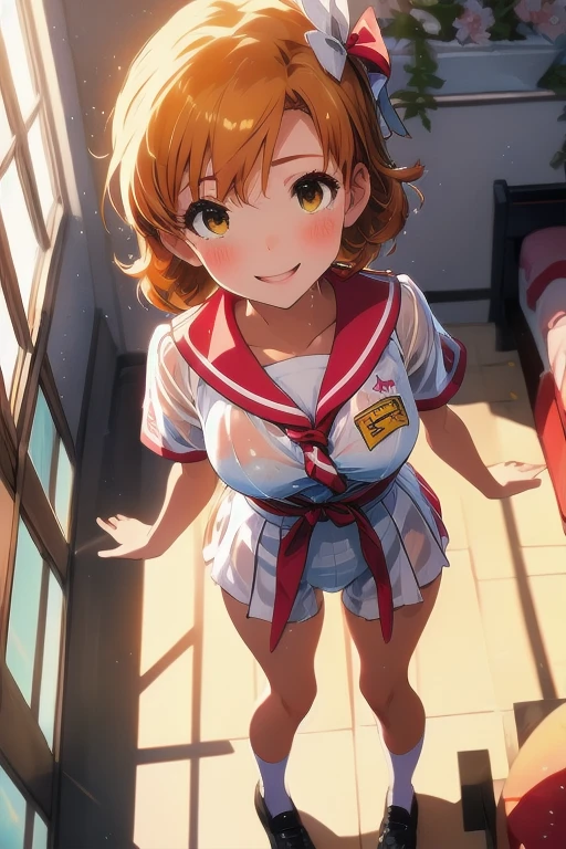 1girl in, Parted lips, blush, makeup, lightsmile, Full body, Wide Angle, From  above, crass room, llight rays, Glow, thighs thighs thighs thighs, clavicle, Narrow waist, (masterpiece), Wallpaper, orange hair color, Breast bulge, Sheer, white transparent transparent gym uniform, Dark blue transparent transparent bloomer, White socks, a wet body