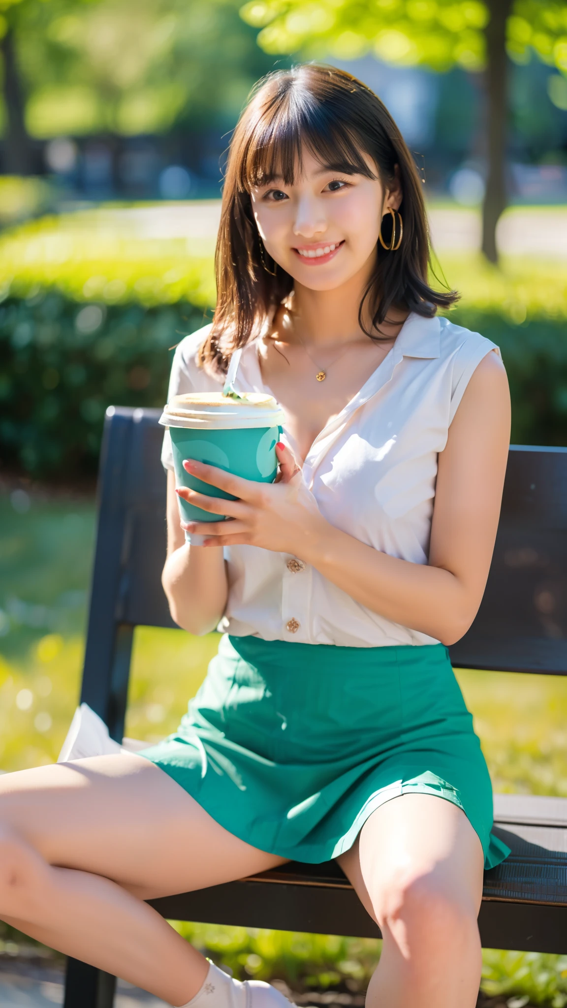 (((Hold a paper coffee cup:1.3))),(((spread your legs:1.4))),(((Wearing a skirt:1.2))),Around town,Outdoor,bench,(Wearing a shirt),A female college student, cleavage, looking at camera,smile, 22 years old, shorter hair、bangs、 cute earrings,Bright sunlight, top quality ,4K, real,live-action, Perfect Body , detailed skin, best shot