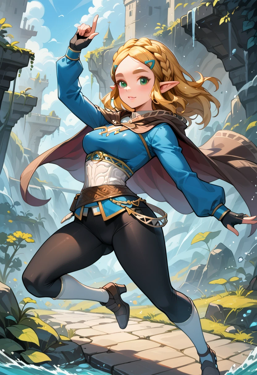 <lora:Iota_v3:0.8>, ((masterpiece,best quality)), aazelda, long hair, crown braid, hairclip, pointy ears, blue shirt, long sleeves, fingerless gloves, black gloves, black pants, tight pants, <lora:zelda_1:0.7>, smile,