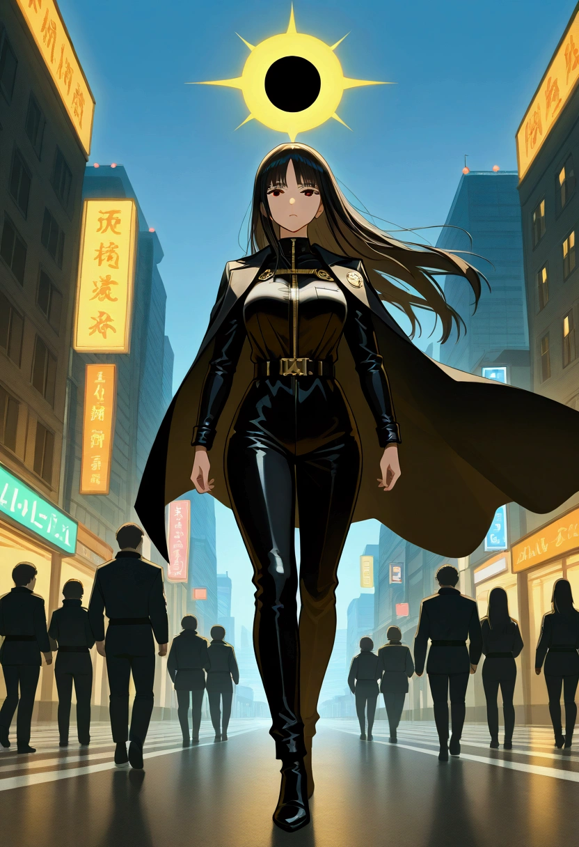 Latina with light brown skin, long black hair, black jumpsuit with yellow details, black sun symbol, black city cape walking on the street